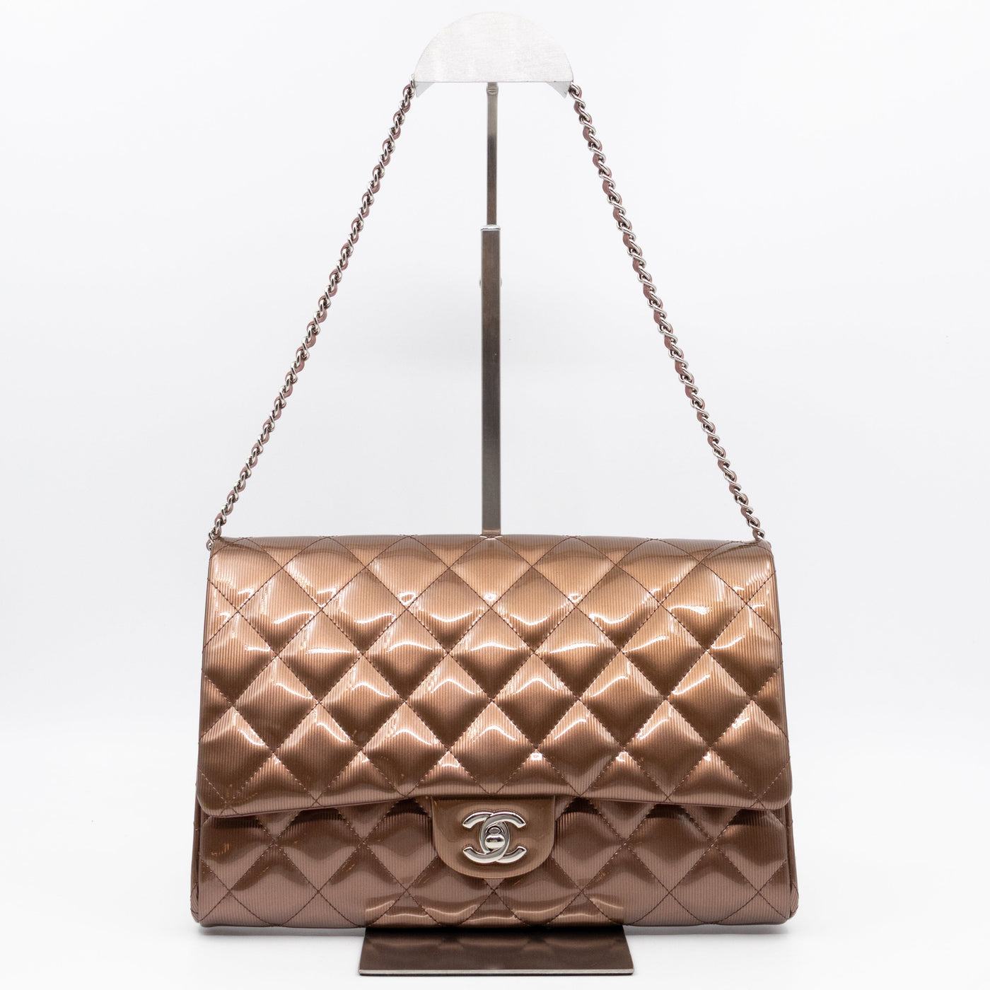 Timeless Clutch with Chain Bronze Striated Patent Leather - Product Image 2
