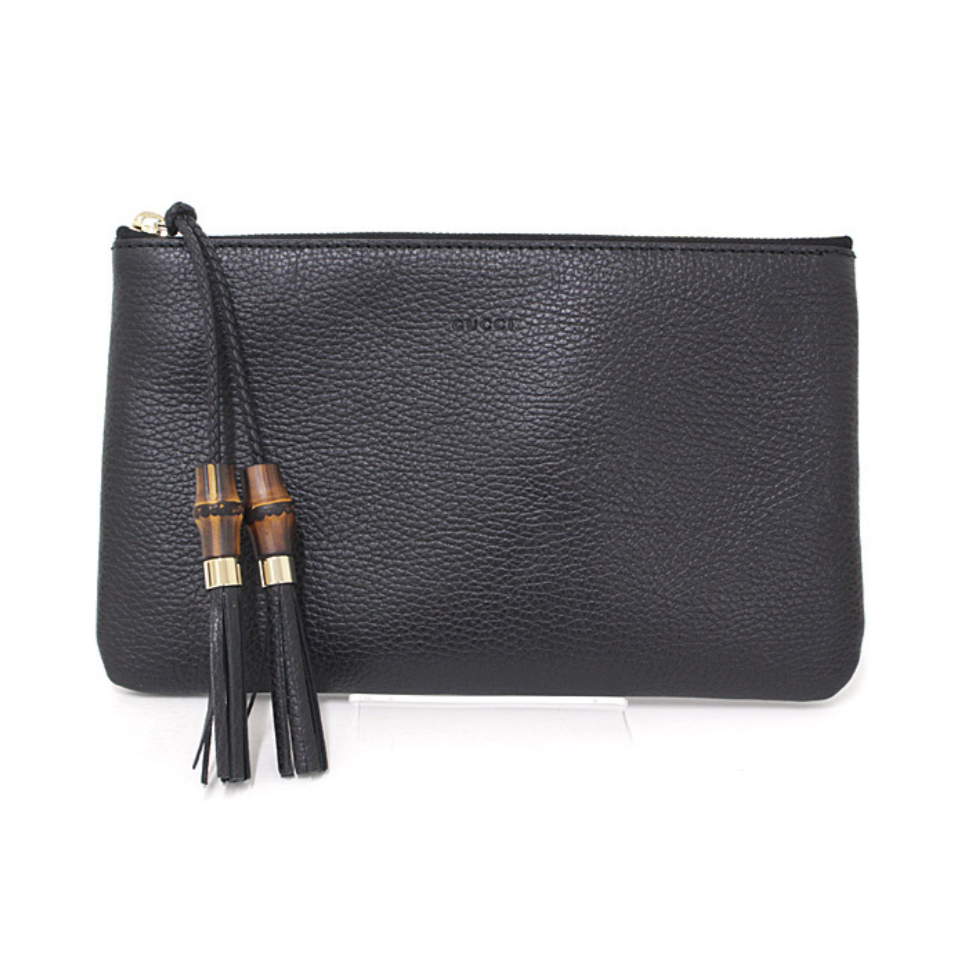 Gucci Zip Top Clutch Pouch with Bamboo Tassel Pull in Black | Studio Nafay