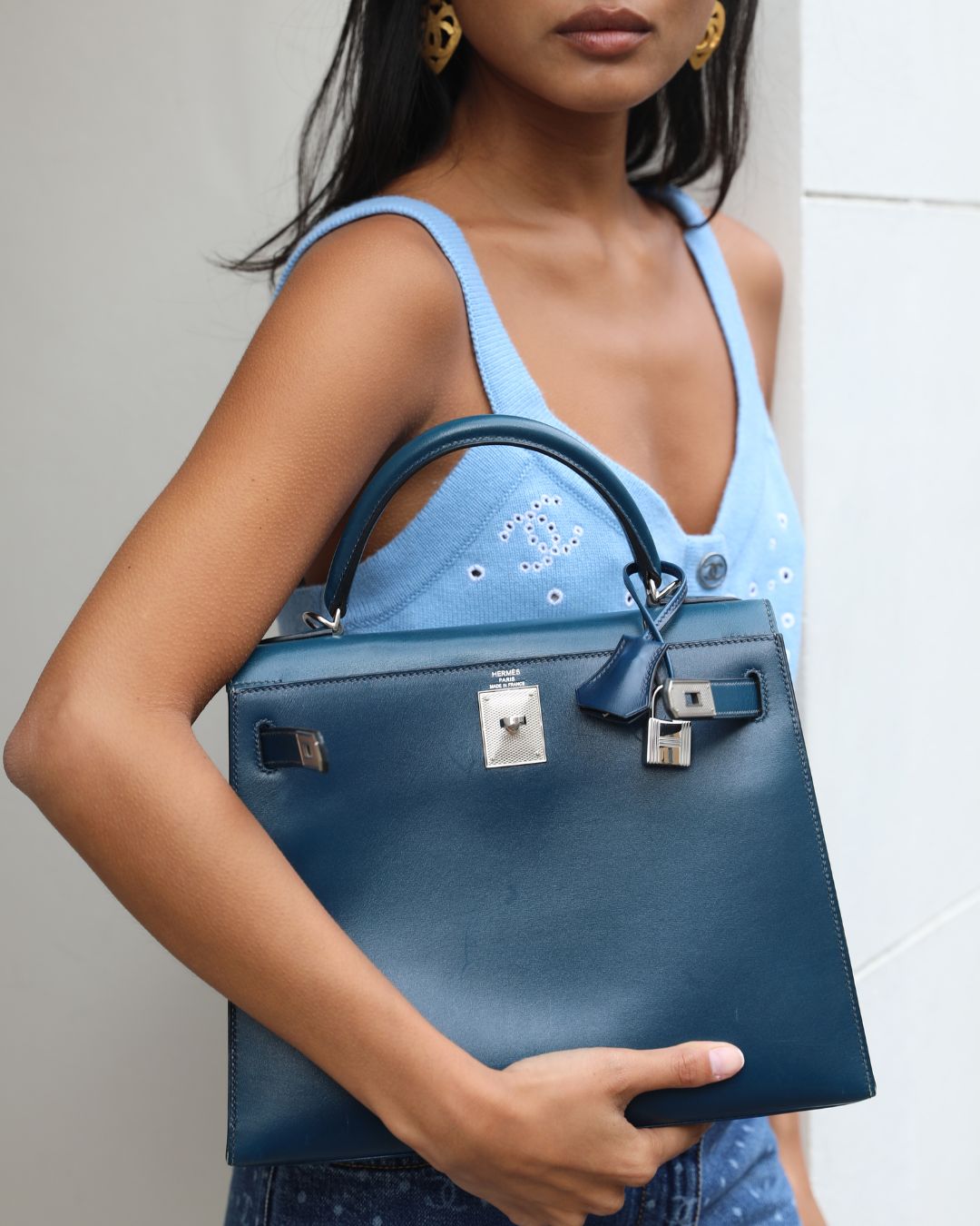 *VERY RARE* Hermes Kelly 28 Sellier Bag in Bleu De Prusse Box Calf Leather with Guilloche Palladium Hardware | Studio Nafay