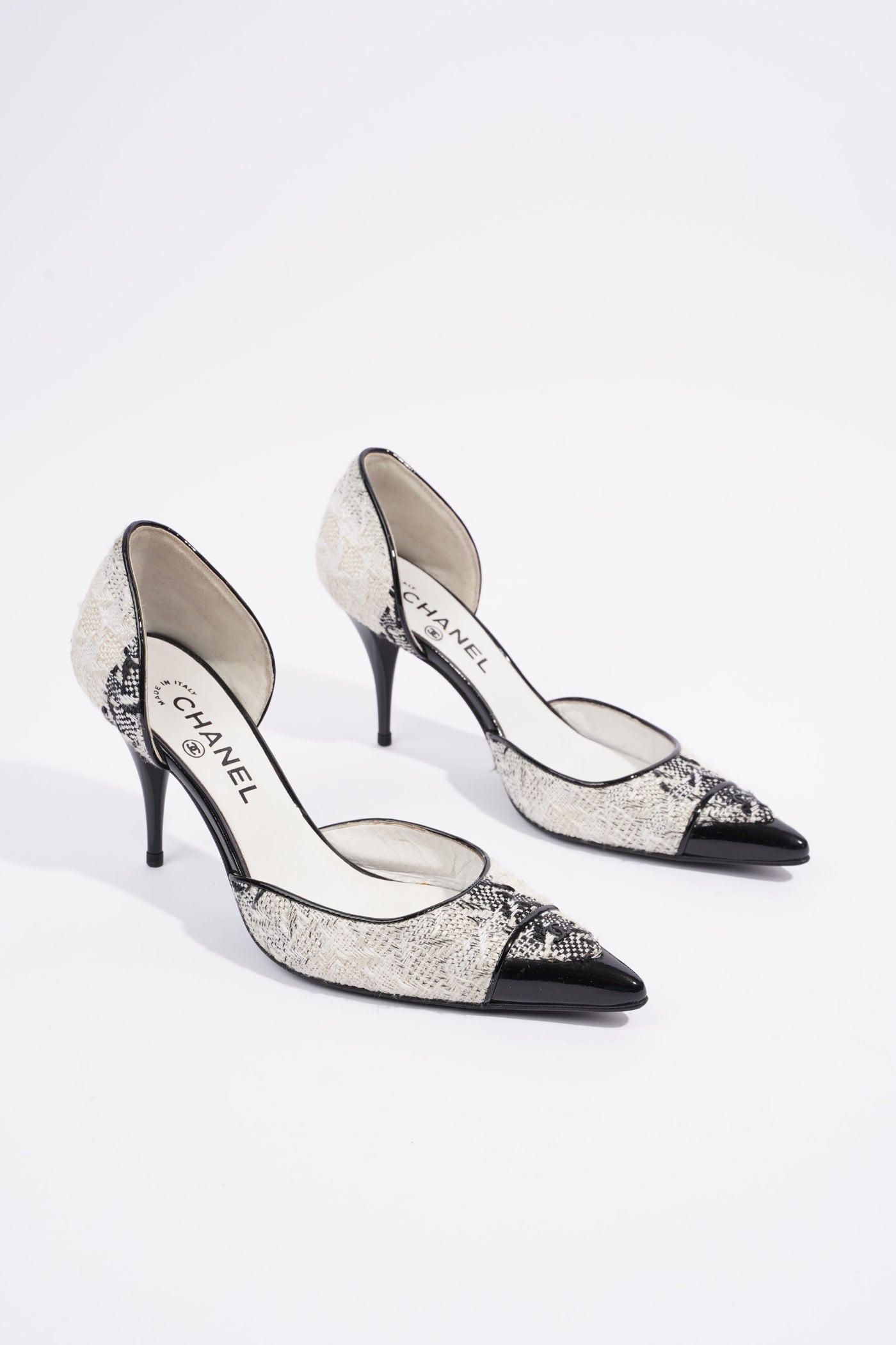 Chanel CC D'Orsay White Black Tweed EU 38.5 UK 5.5 | Studio Nafay