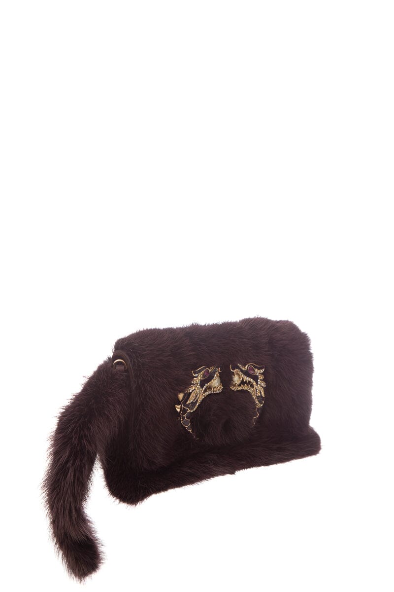 Gucci F/W By Tom Ford Burgundy Mink & Crystal Wolf Head Clutch | Studio Nafay