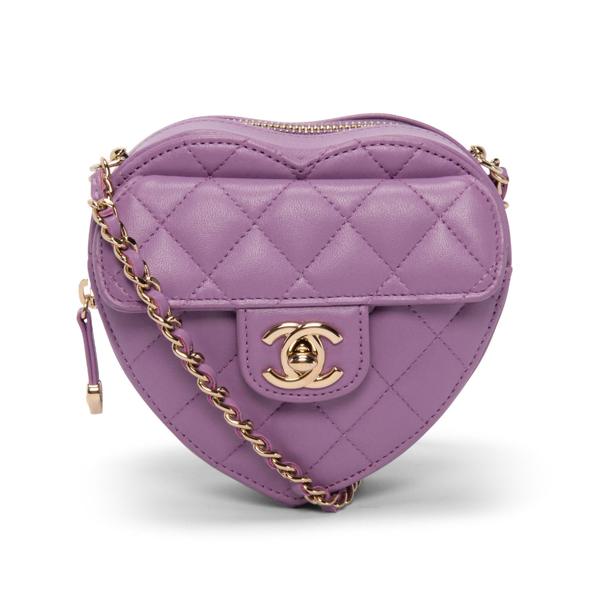 chl Purple Quilted Lambskin Small Heart Clutch With Chain | Studio Nafay