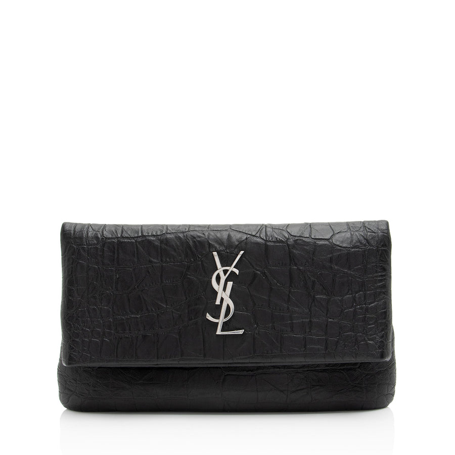 Saint Laurent Croc Embossed Leather West Hollywood Fold Over Clutch | Studio Nafay