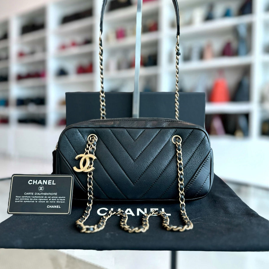 Chanel Camera Bag - Chevron Calfskin Small Black Shoulder Bag Series 21 | Studio Nafay