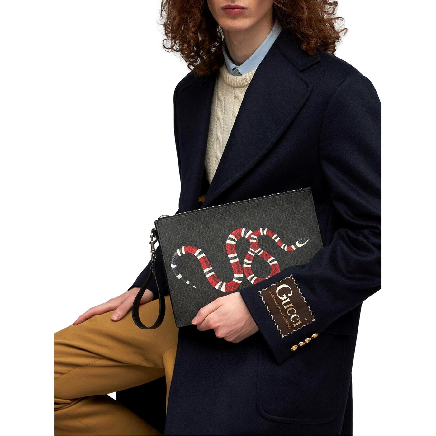 Gucci Bestiary Kingsnake Black GG Supreme Canvas Wristlet Clutch | Studio Nafay