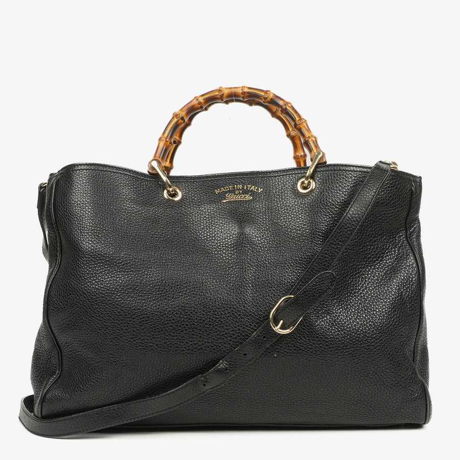 Gucci Black Pebbled Leather Bamboo Shopper Top Handle Large Tote Bag | Studio Nafay