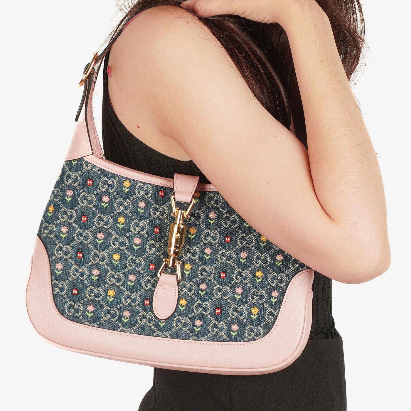Gucci Jackie Limited Edition Pink/Blue Leather/Denim GG Floral Small Shoulder Bag - Product Image 3