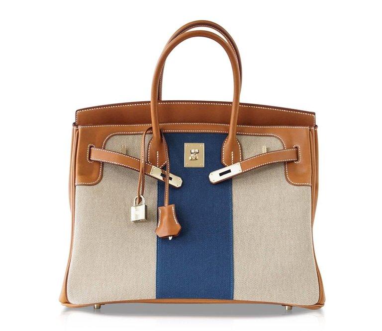 Hermes Birkin 35 Bag Flag Barenia / Toile Blue Permabrass Rare Limited Edition - Product Image 2