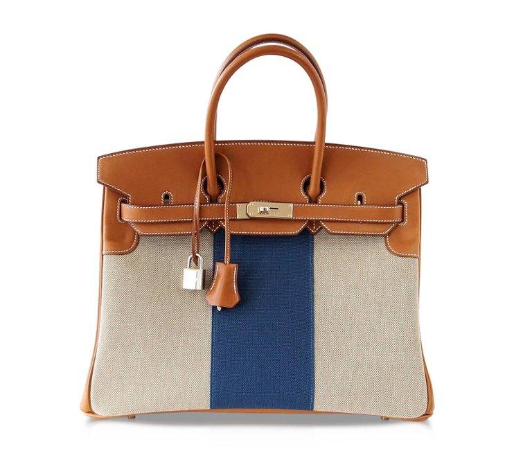 Hermes Birkin 35 Bag Flag Barenia / Toile Blue Permabrass Rare Limited Edition | Studio Nafay