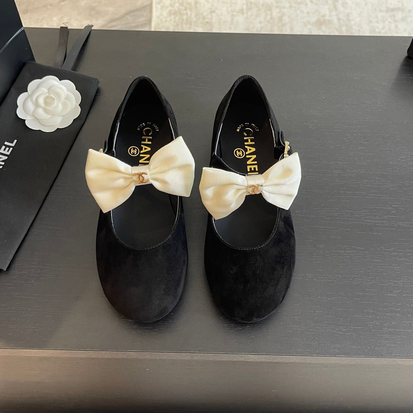 BALLET FLAT BLACK SUEDE LAMBSKIN WITH WHITE BOW - Product Image 2