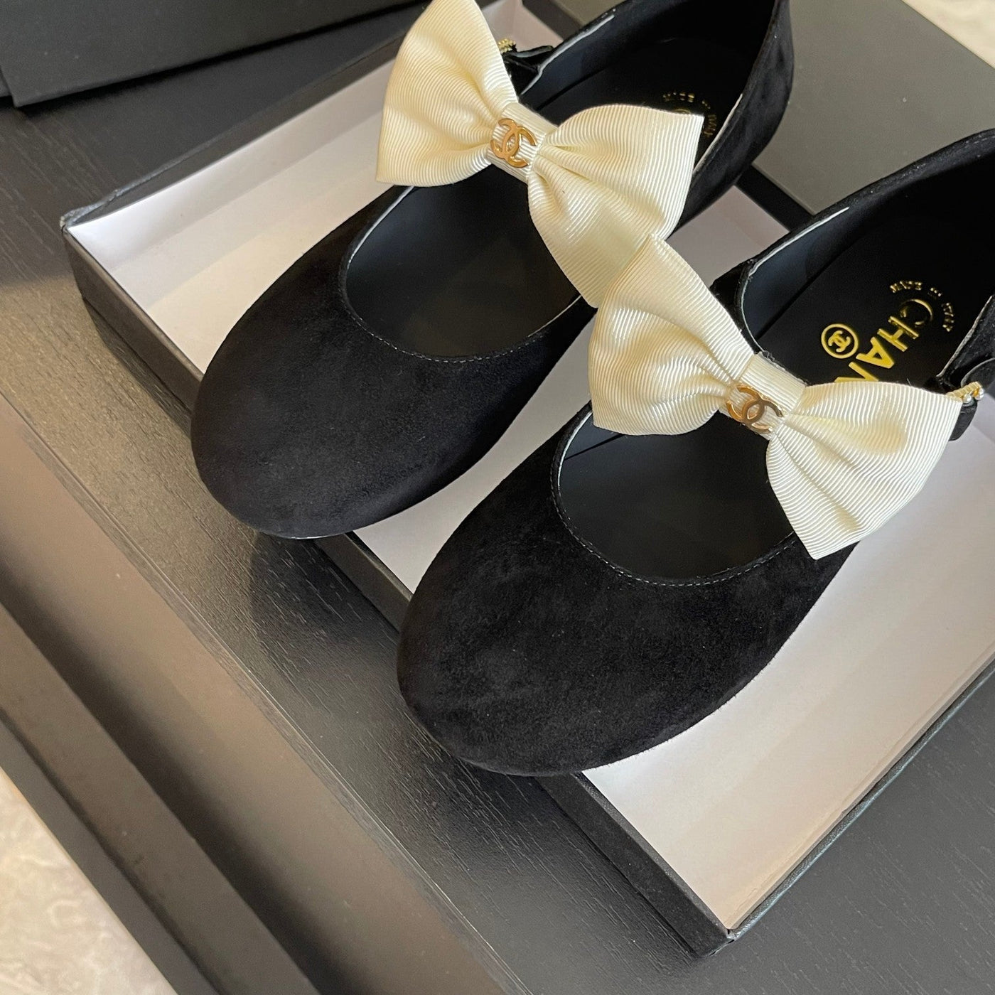 BALLET FLAT BLACK SUEDE LAMBSKIN WITH WHITE BOW - Product Image 6