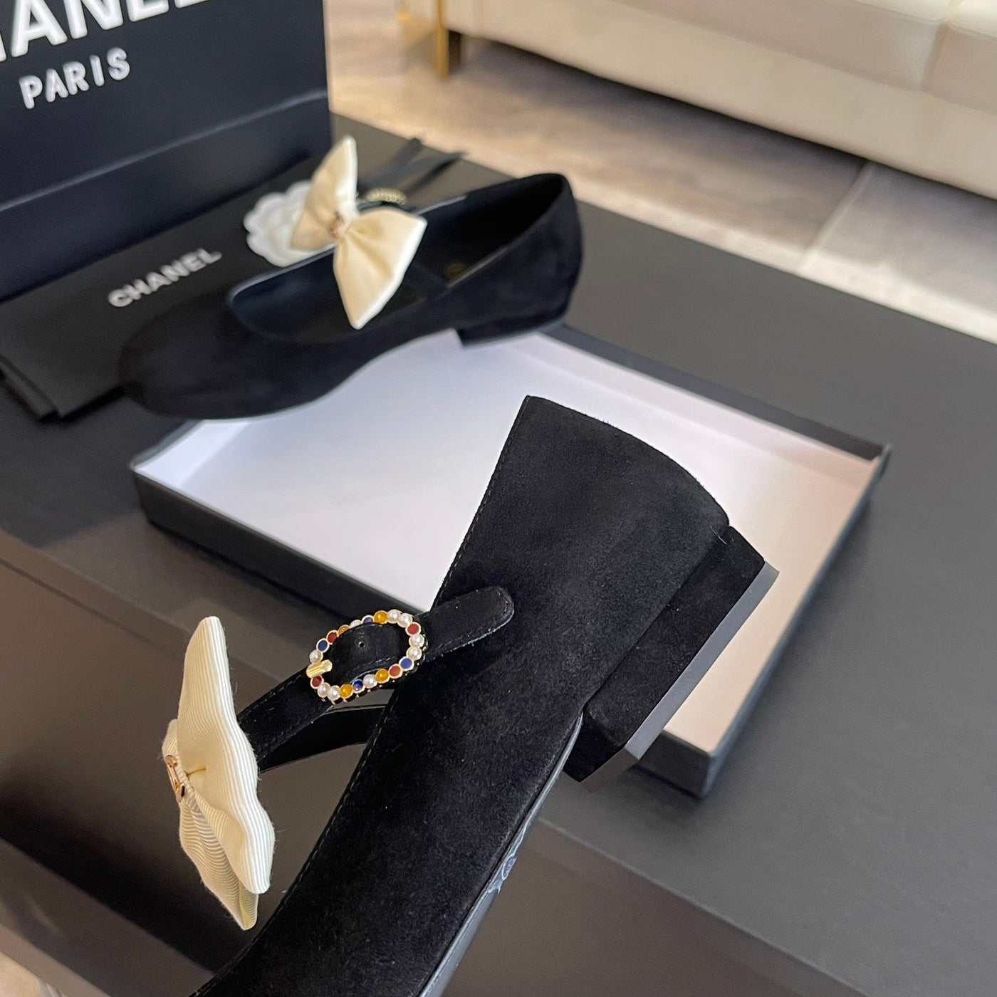 BALLET FLAT BLACK SUEDE LAMBSKIN WITH WHITE BOW - Product Image 5