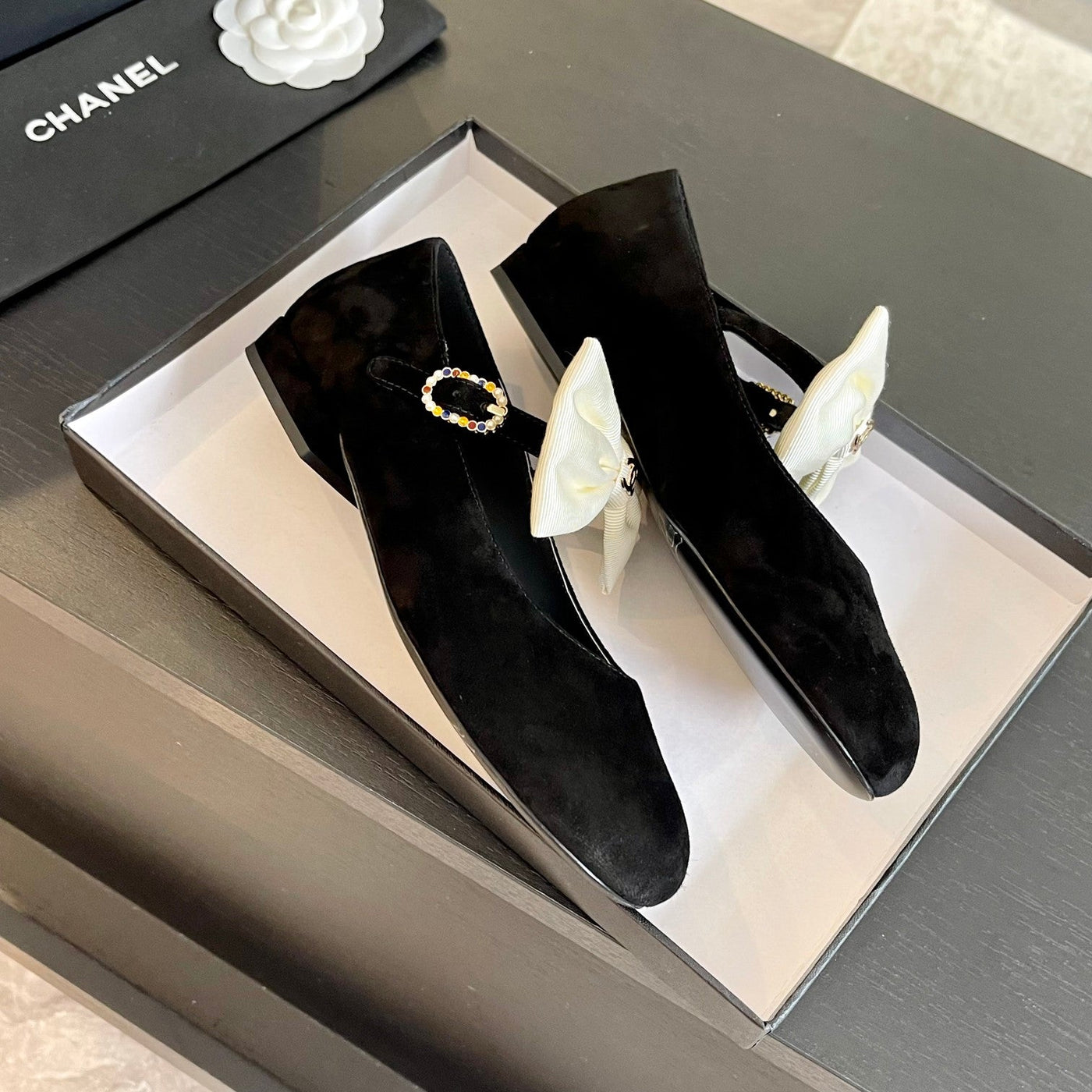 BALLET FLAT BLACK SUEDE LAMBSKIN WITH WHITE BOW - Product Image 3
