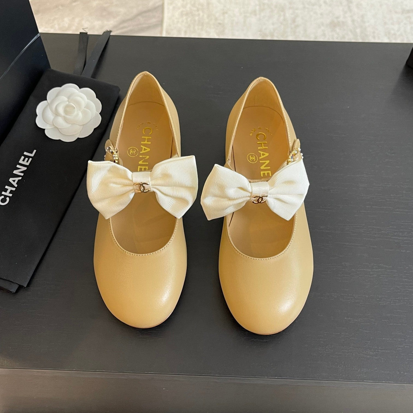 BALLET FLAT DARK CREAM LAMBSKIN WITH WHITE BOW - Product Image 2