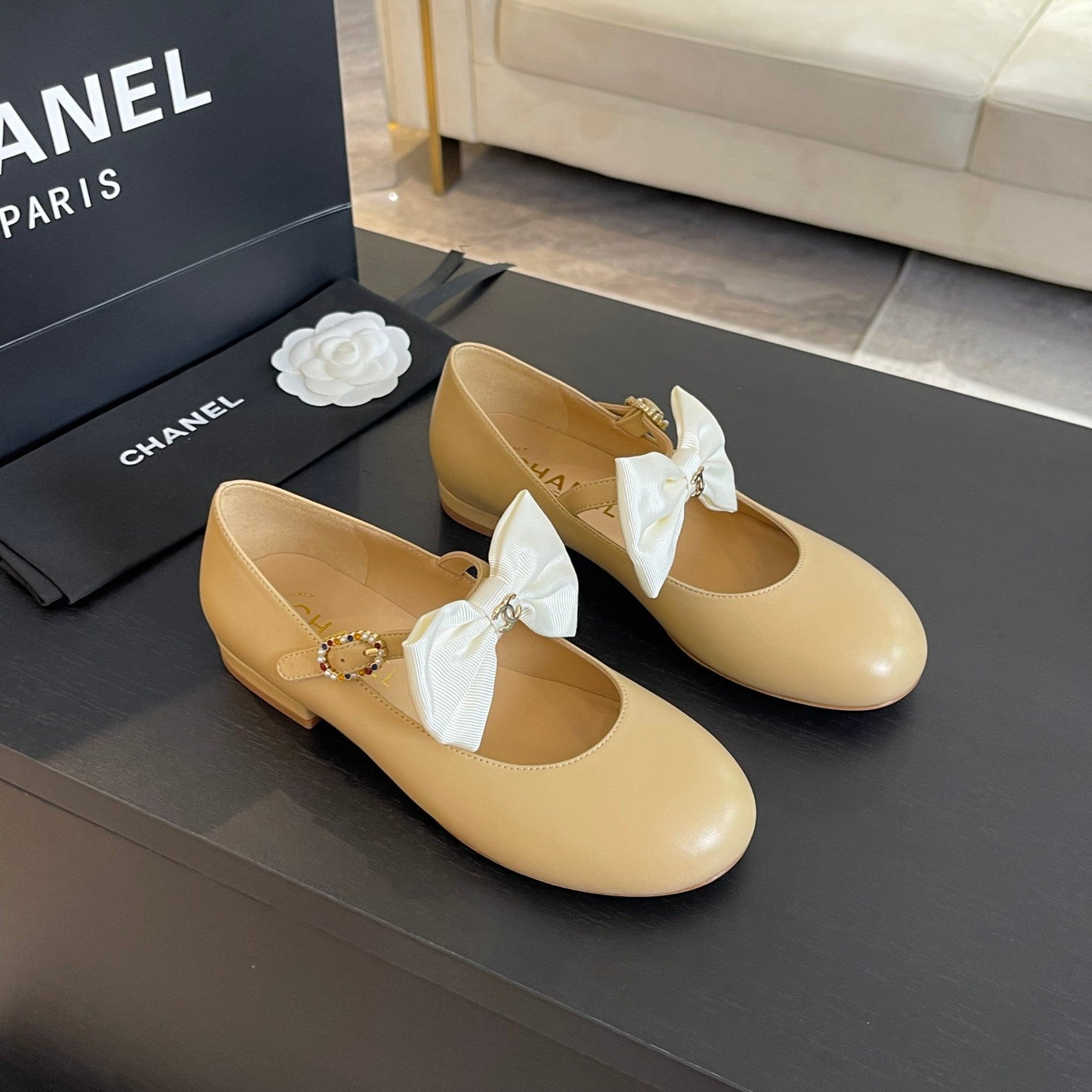 BALLET FLAT DARK CREAM LAMBSKIN WITH WHITE BOW - Product Image 3