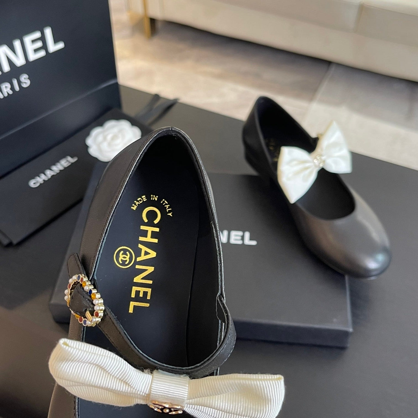 BALLET FLAT BLACK LAMBSKIN WITH WHITE BOW - Product Image 7