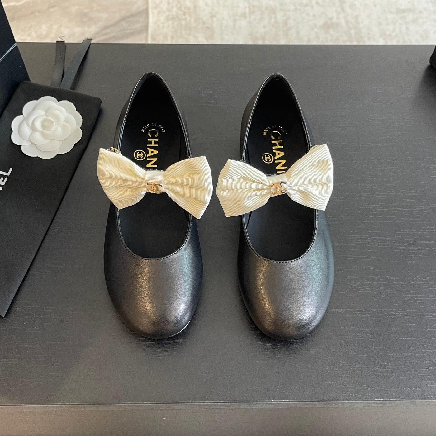 BALLET FLAT BLACK LAMBSKIN WITH WHITE BOW - Product Image 3
