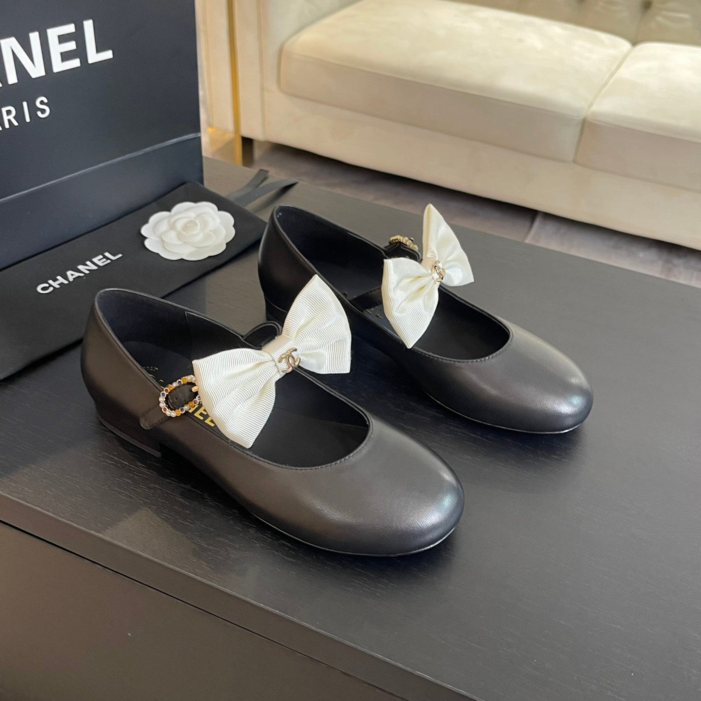 BALLET FLAT BLACK LAMBSKIN WITH WHITE BOW - Product Image 2