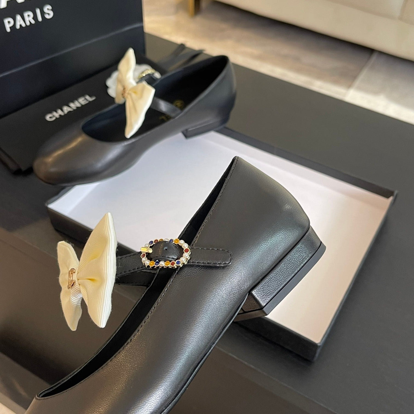 BALLET FLAT BLACK LAMBSKIN WITH WHITE BOW - Product Image 6