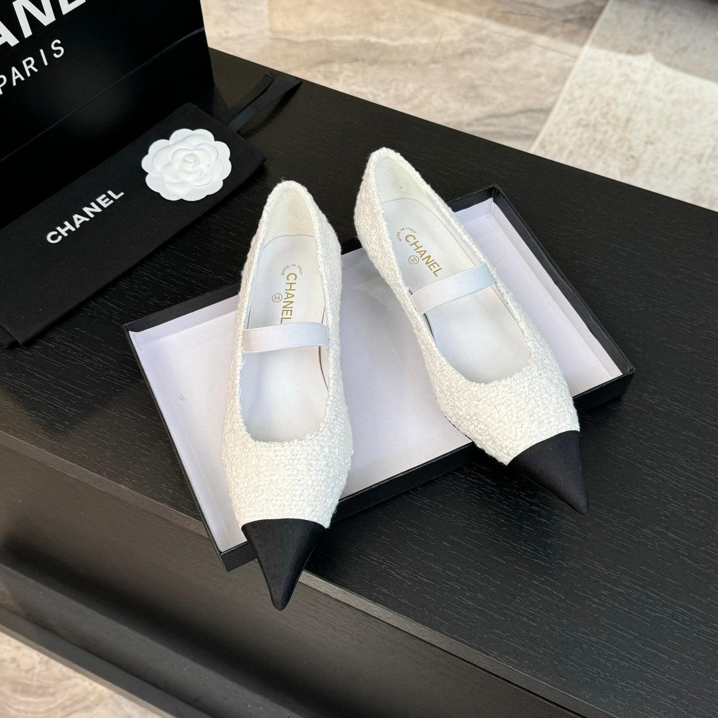 mary jane 35 pointed toe white tweed black grosgrain - Product Image 2