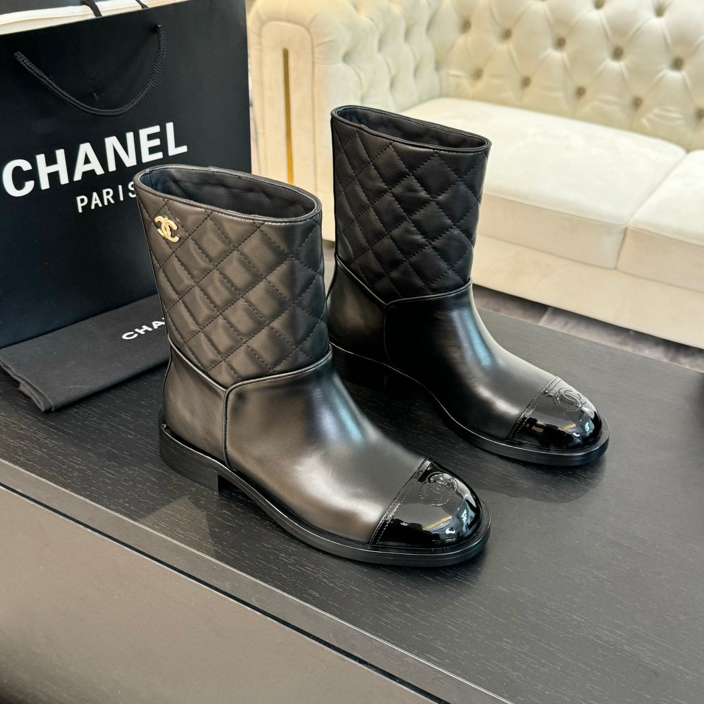 CC Ankle Boots 30mm Black Calfskin Quilted | Studio Nafay