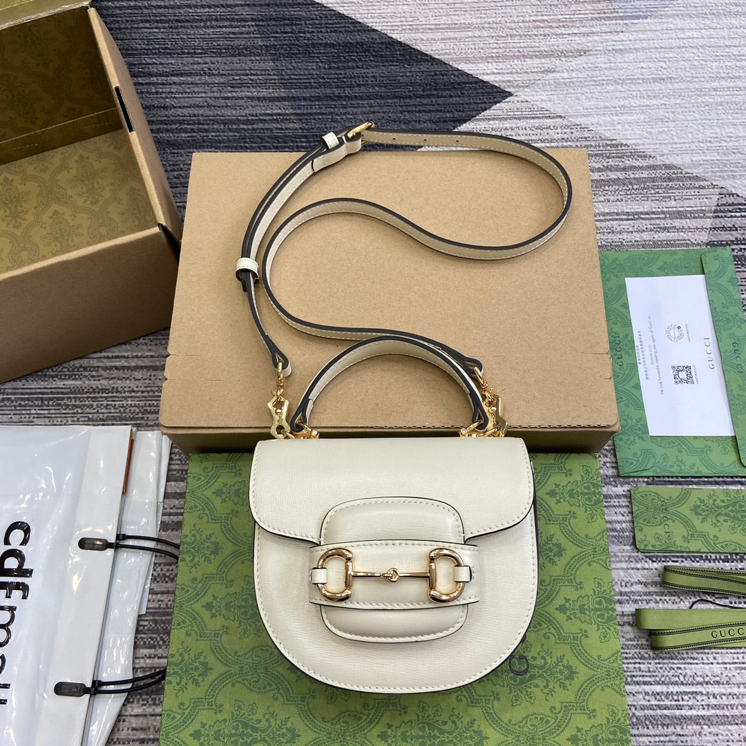 HORSEBIT MINI TOP HANDLE BAG 18 IN WHITE CALFSKIN GOLD HARDWARE | Studio Nafay