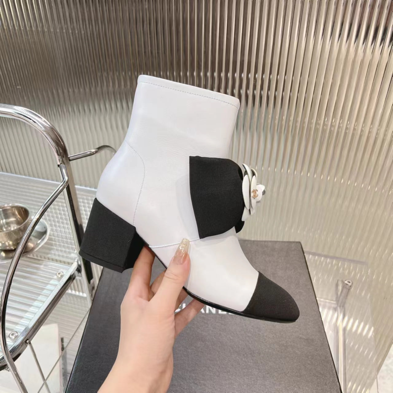 CC Short Boots 60mm White Camellia Cowhide - Product Image 2