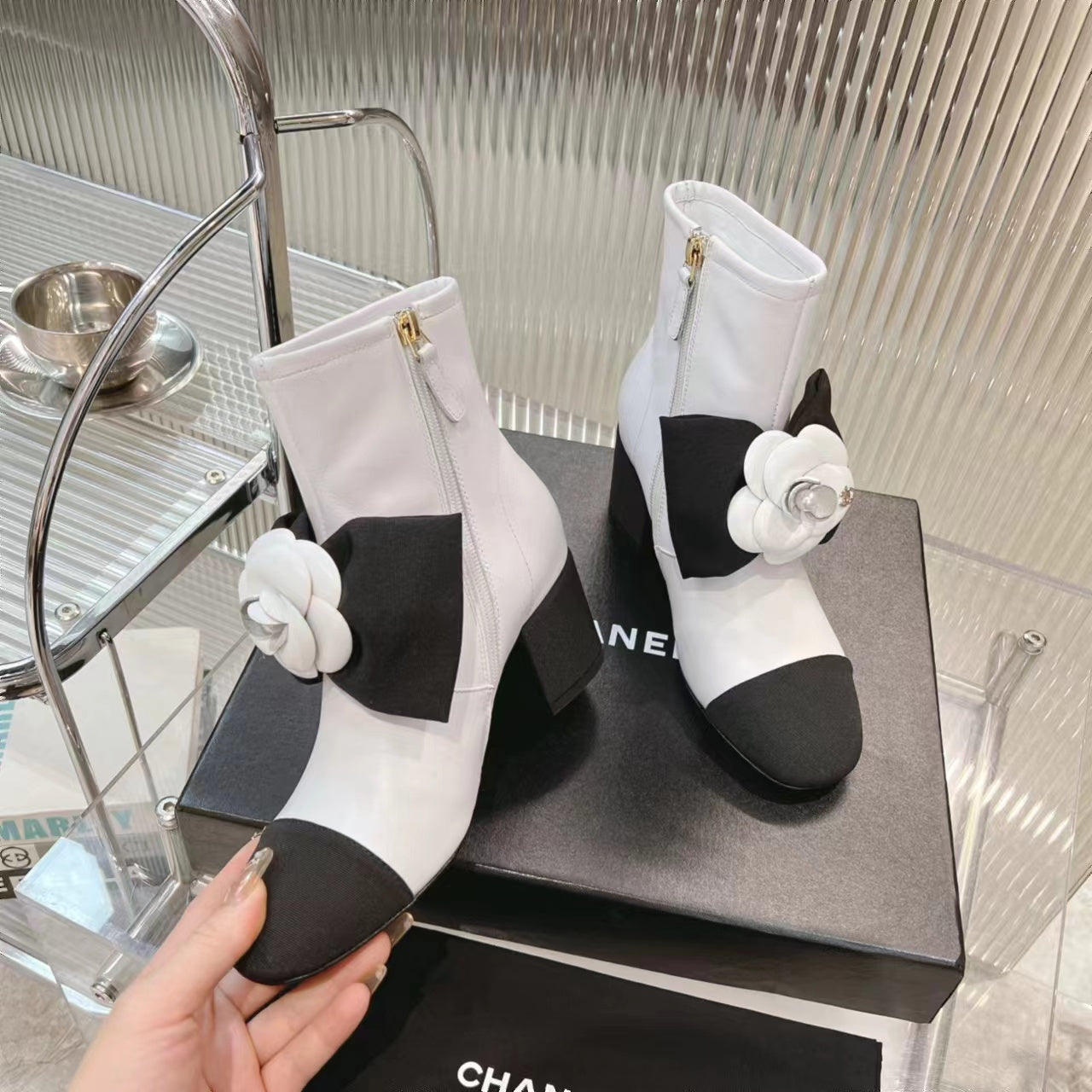 CC Short Boots 60mm White Camellia Cowhide - Product Image 3