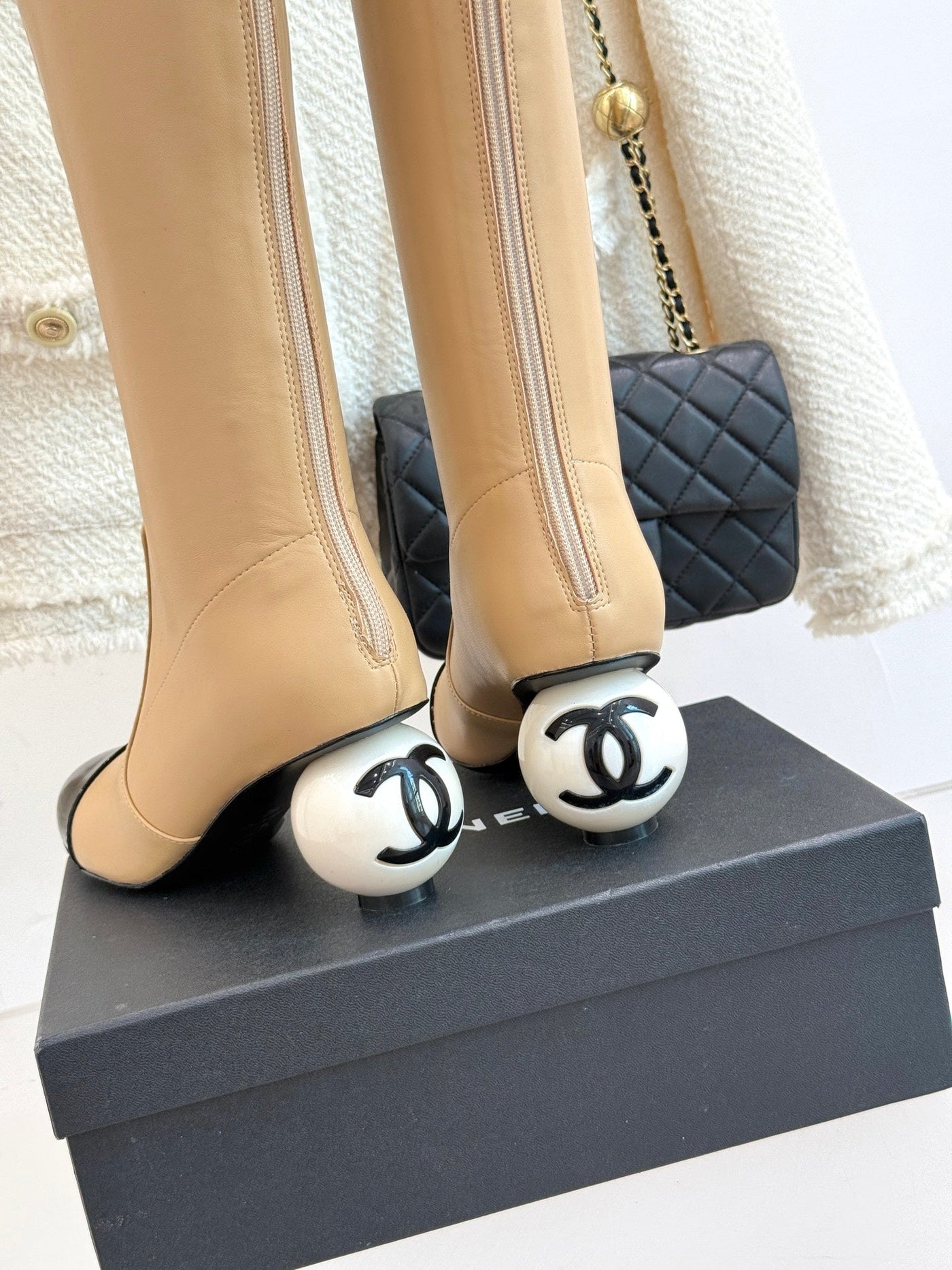 Chanel 25 Double C Giant Pearl Heel Long Boot Beige Black Sheepskin 465411 - Product Image 4
