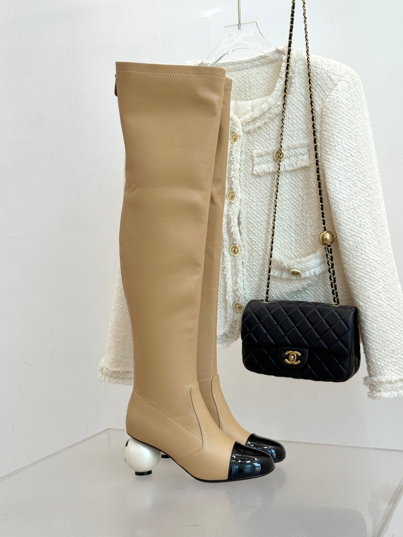 Chanel 25 Double C Giant Pearl Heel Long Boot Beige Black Sheepskin 465411 - Product Image 6