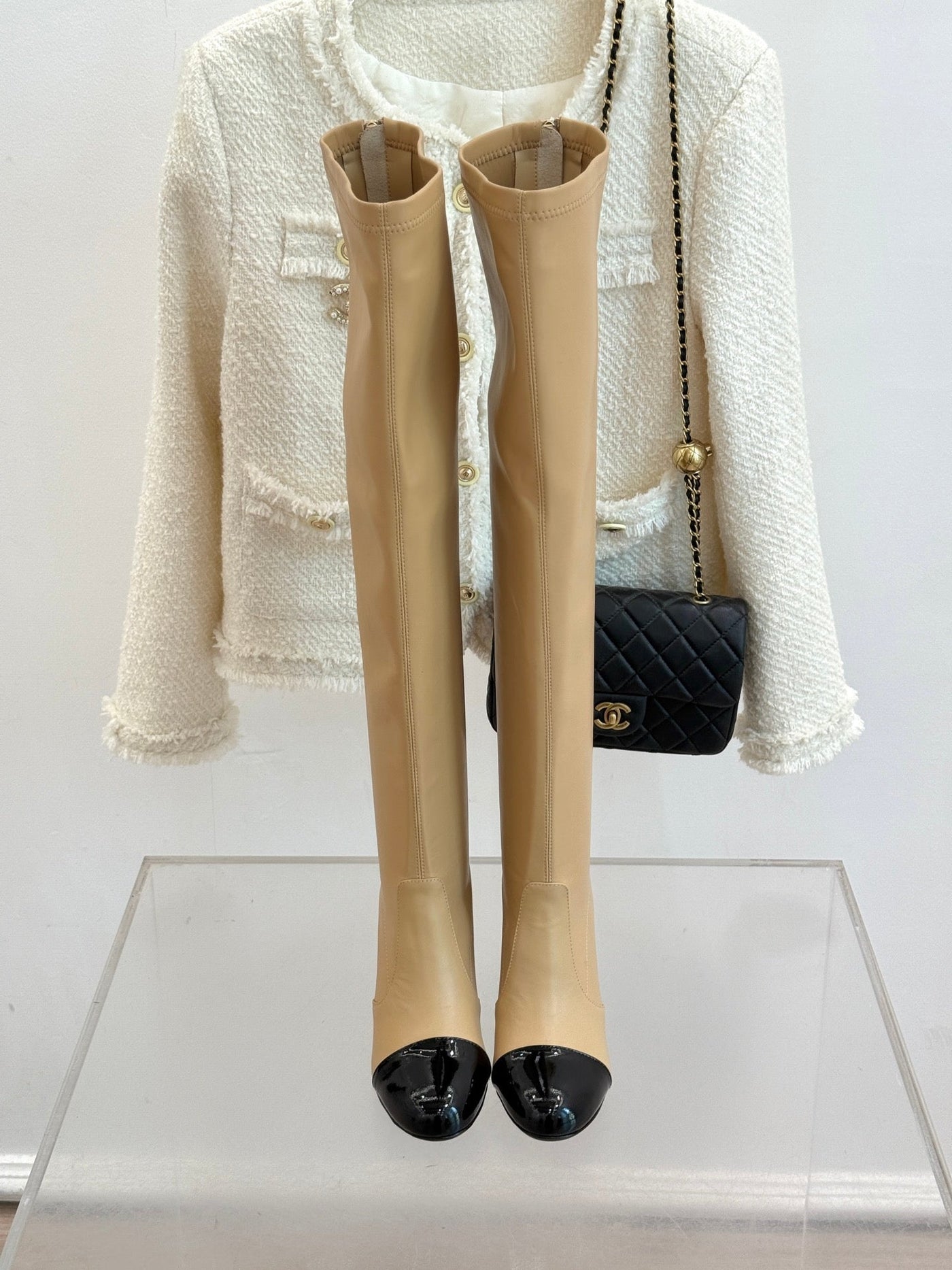 Chanel 25 Double C Giant Pearl Heel Long Boot Beige Black Sheepskin 465411 - Product Image 7