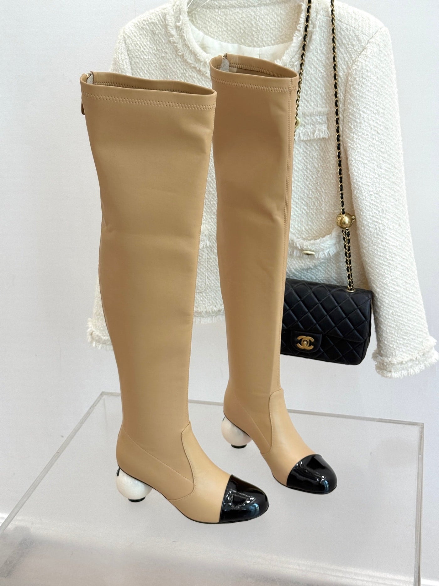 Chanel 25 Double C Giant Pearl Heel Long Boot Beige Black Sheepskin 465411 | Studio Nafay