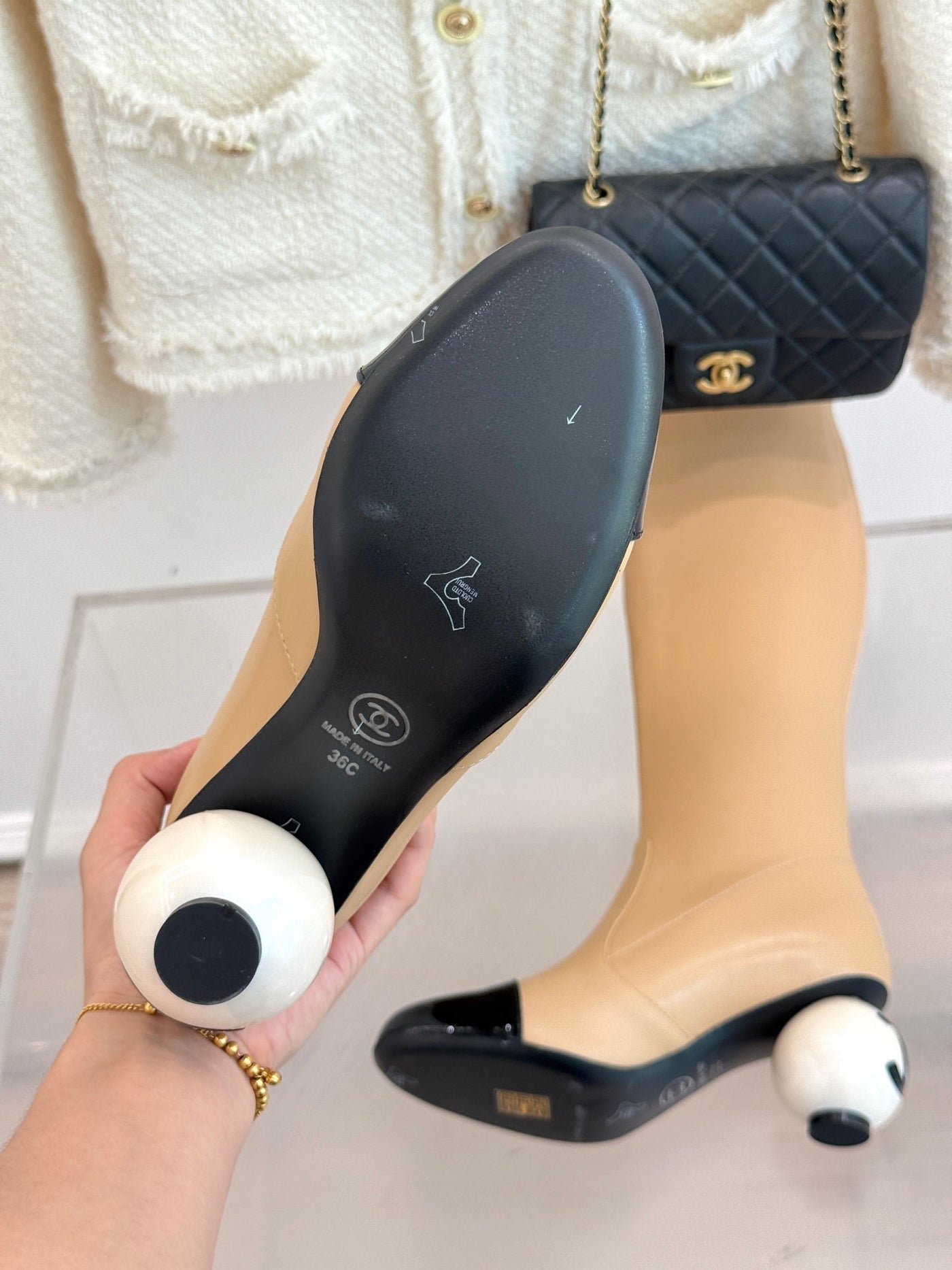 Chanel 25 Double C Giant Pearl Heel Long Boot Beige Black Sheepskin 465411 - Product Image 8