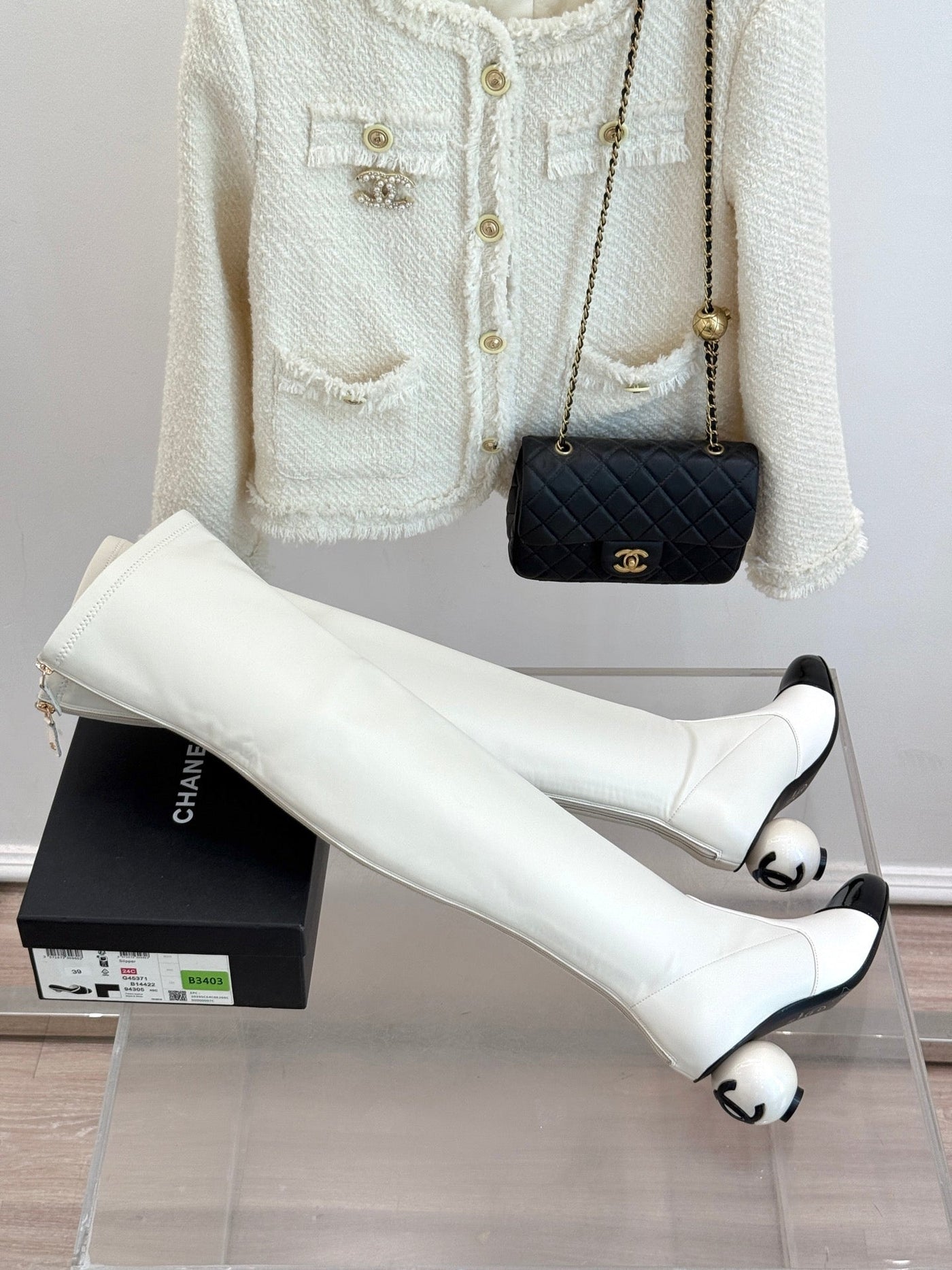 Chanel 25 Double C Giant Pearl Heel Long Boot White Black Sheepskin 465412 - Product Image 3