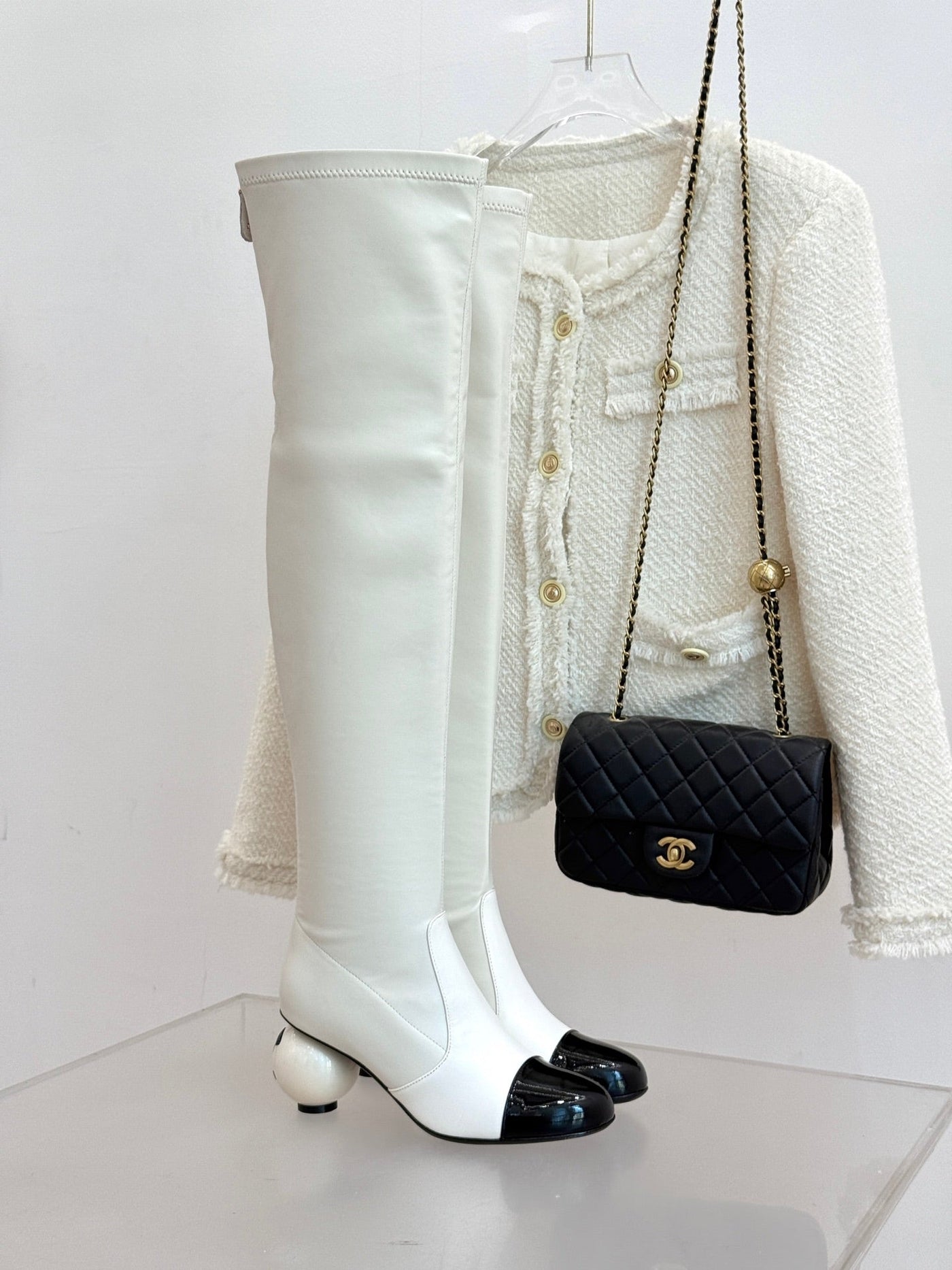 Chanel 25 Double C Giant Pearl Heel Long Boot White Black Sheepskin 465412 - Product Image 2