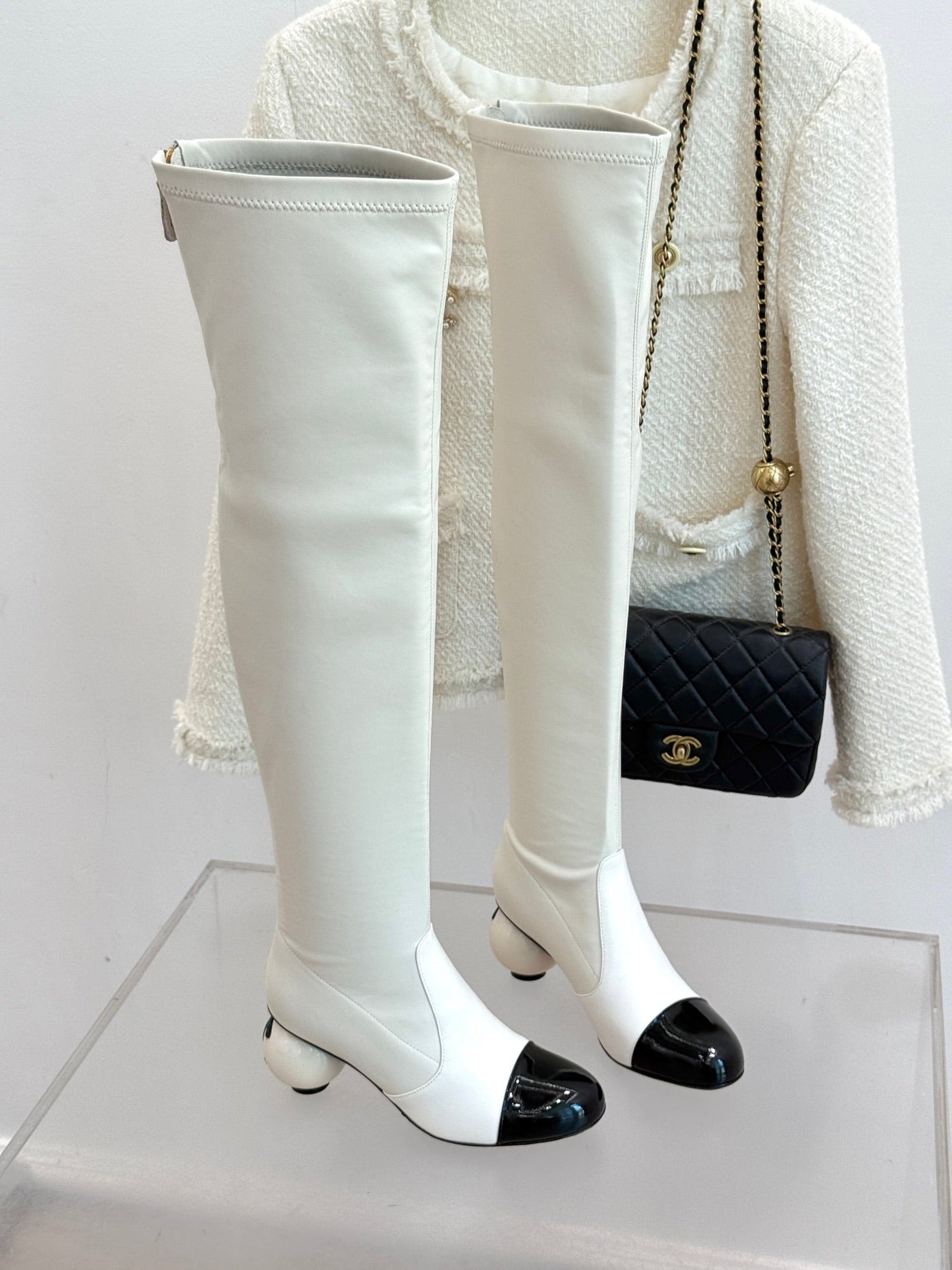 Chanel 25 Double C Giant Pearl Heel Long Boot White Black Sheepskin 465412 | Studio Nafay