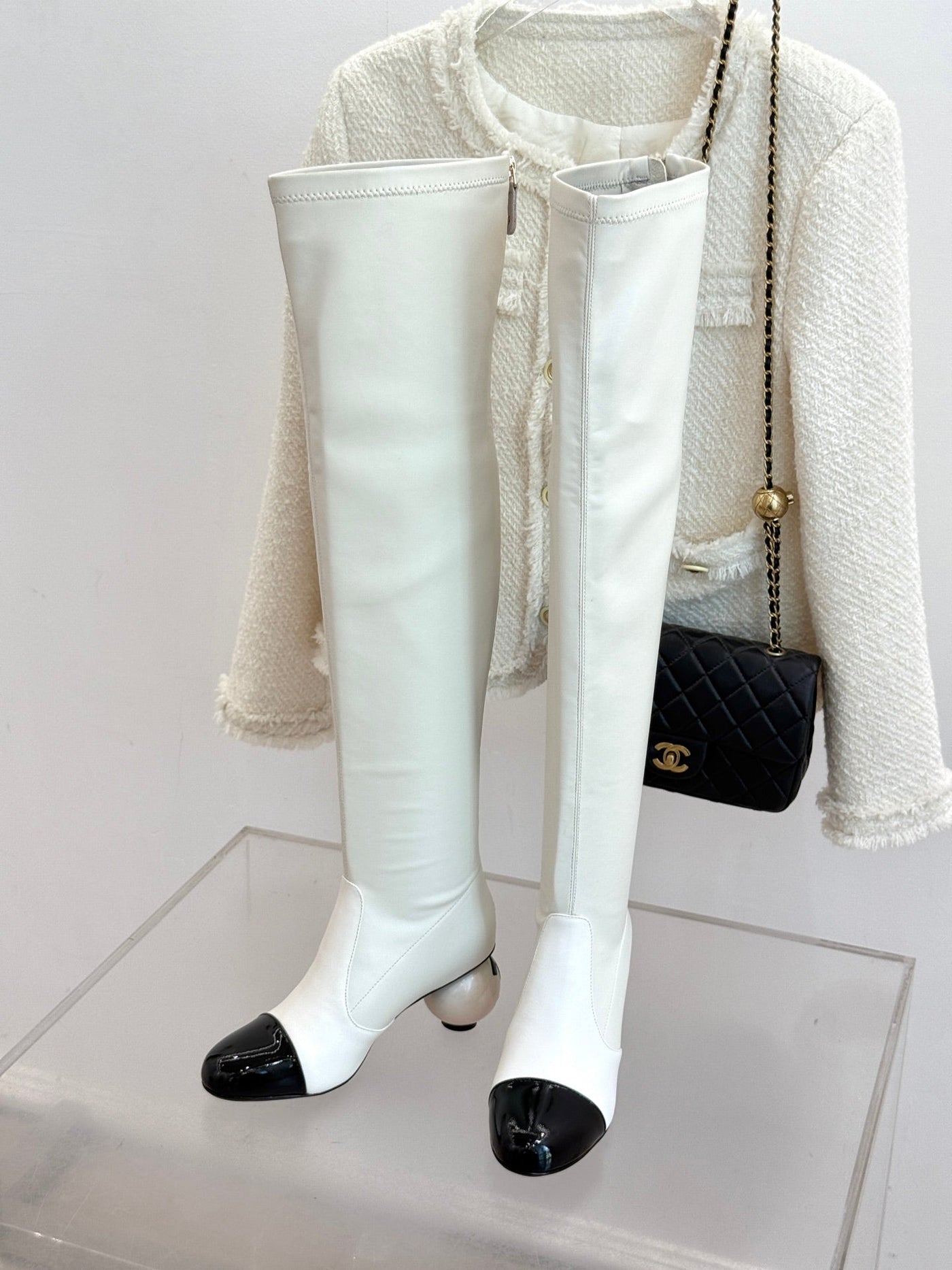 Chanel 25 Double C Giant Pearl Heel Long Boot White Black Sheepskin 465412 - Product Image 8