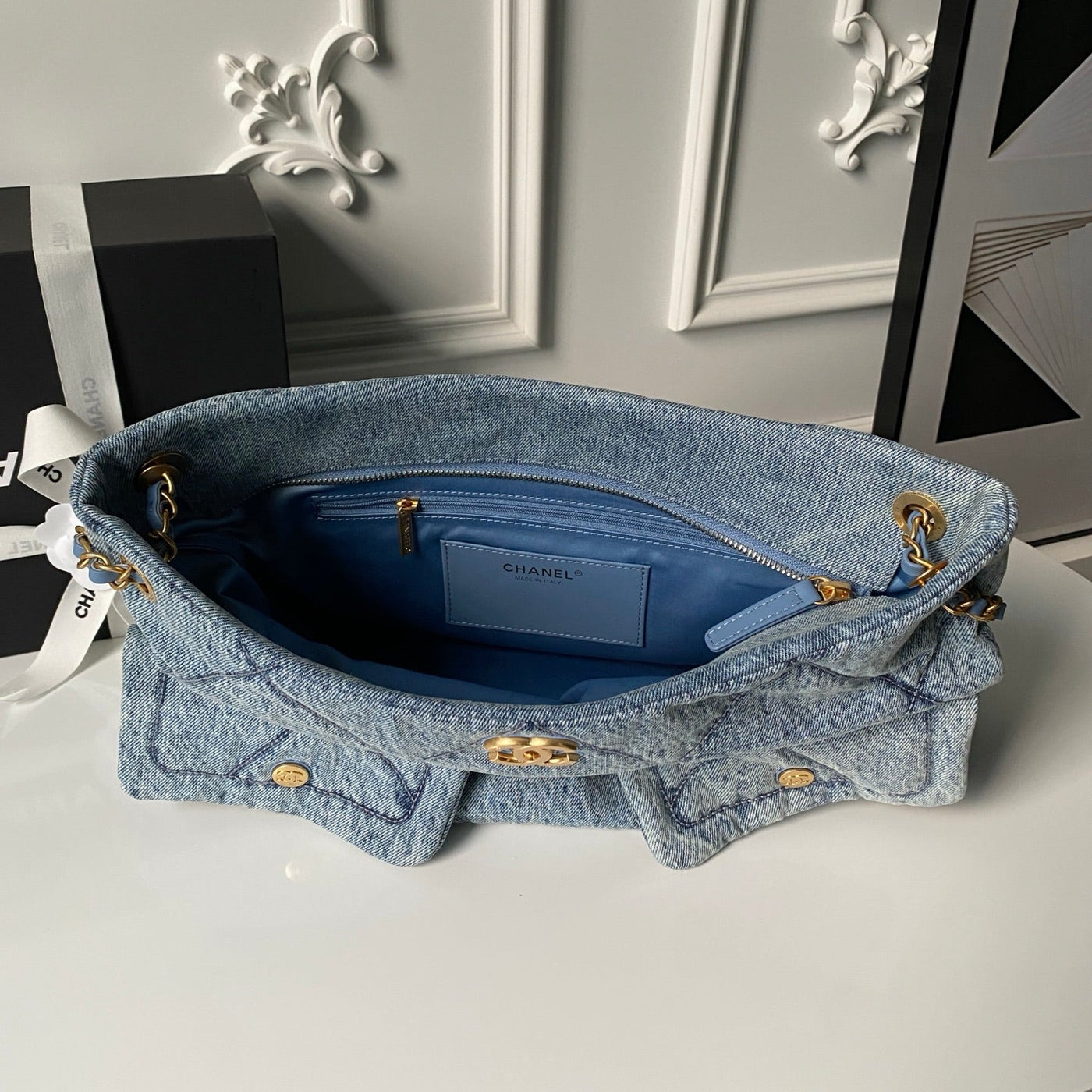 CC Classic Flap Bag Blue Denim Fabric Gold Hardware 296416 - Product Image 4