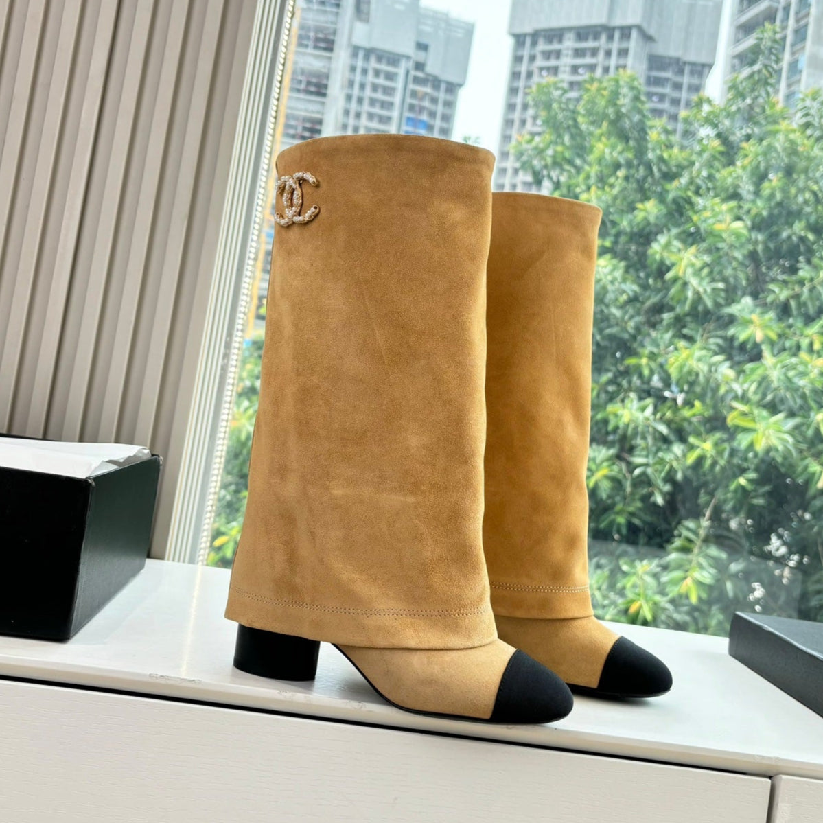 CC 25 High Boot Beige Suede Grosgrain 430340 | Studio Nafay