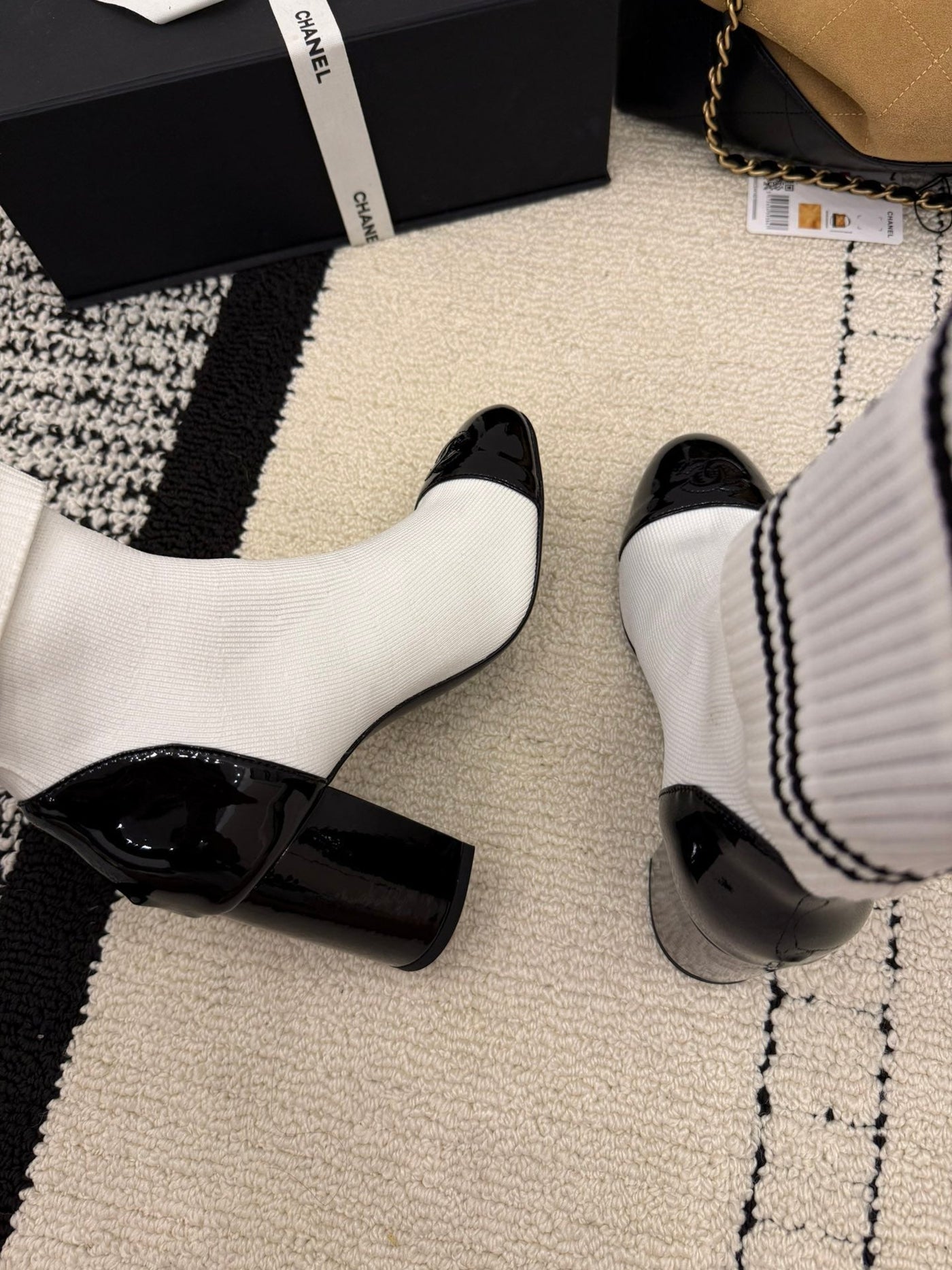 CC Chunky Heel Sock Boot White Leather Knit 548118 - Product Image 3