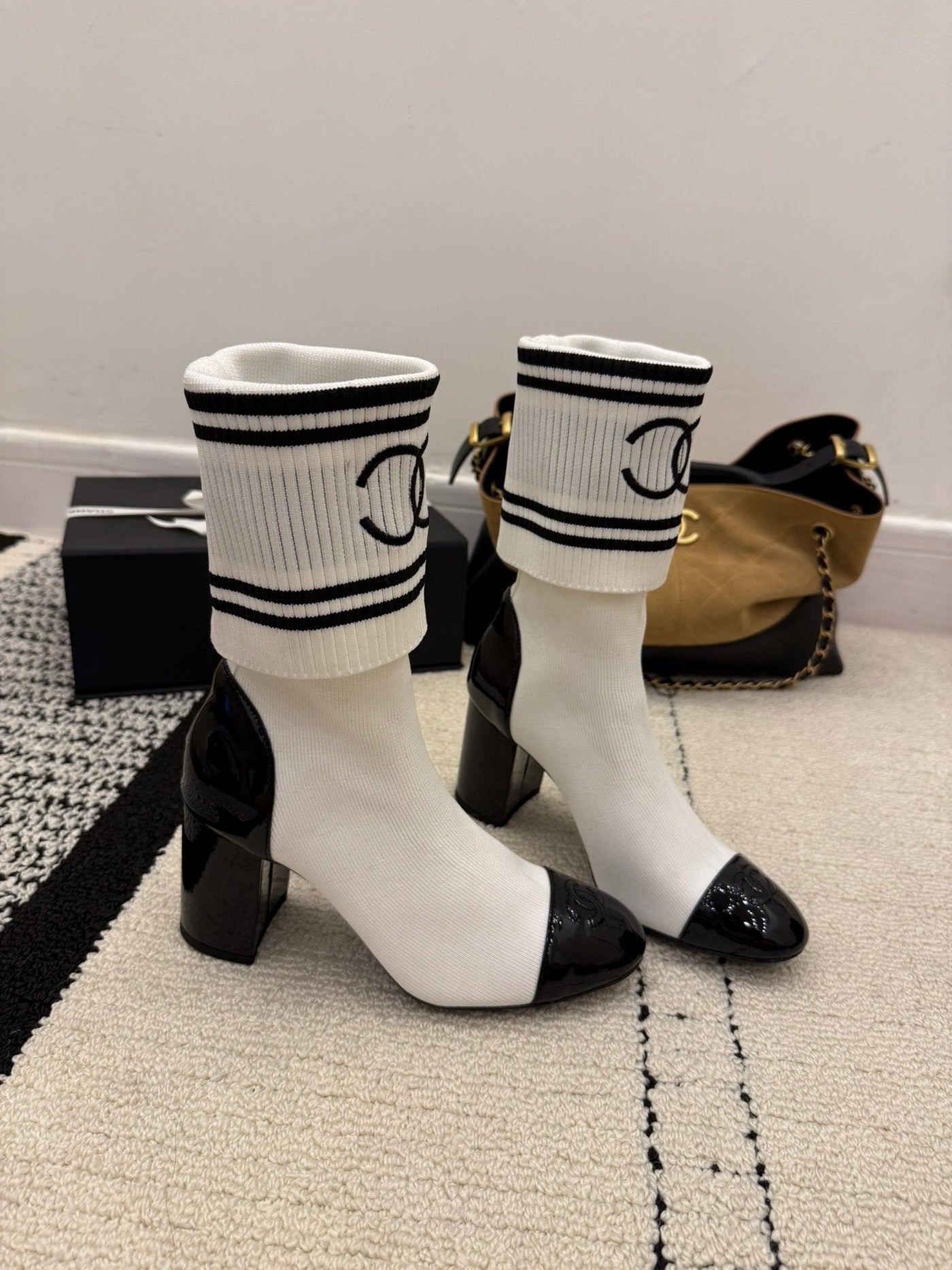 CC Chunky Heel Sock Boot White Leather Knit 548118 - Product Image 5