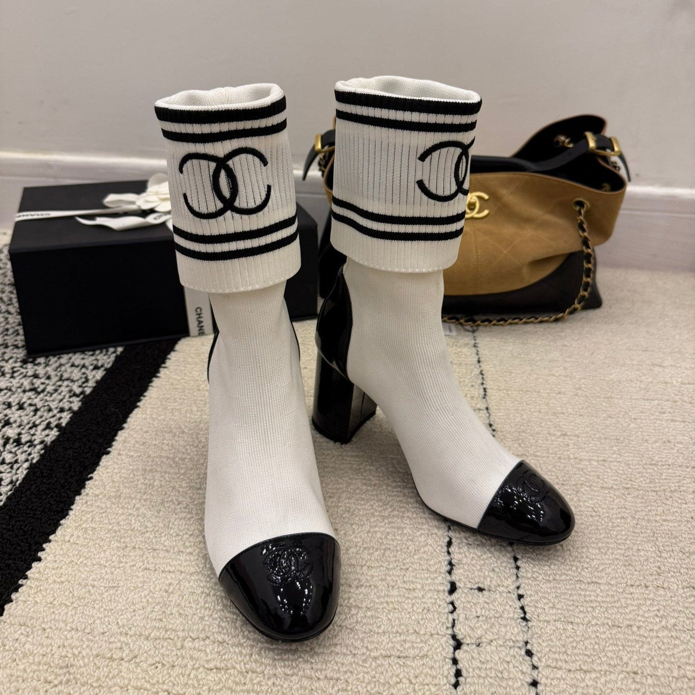 CC Chunky Heel Sock Boot White Leather Knit 548118 | Studio Nafay