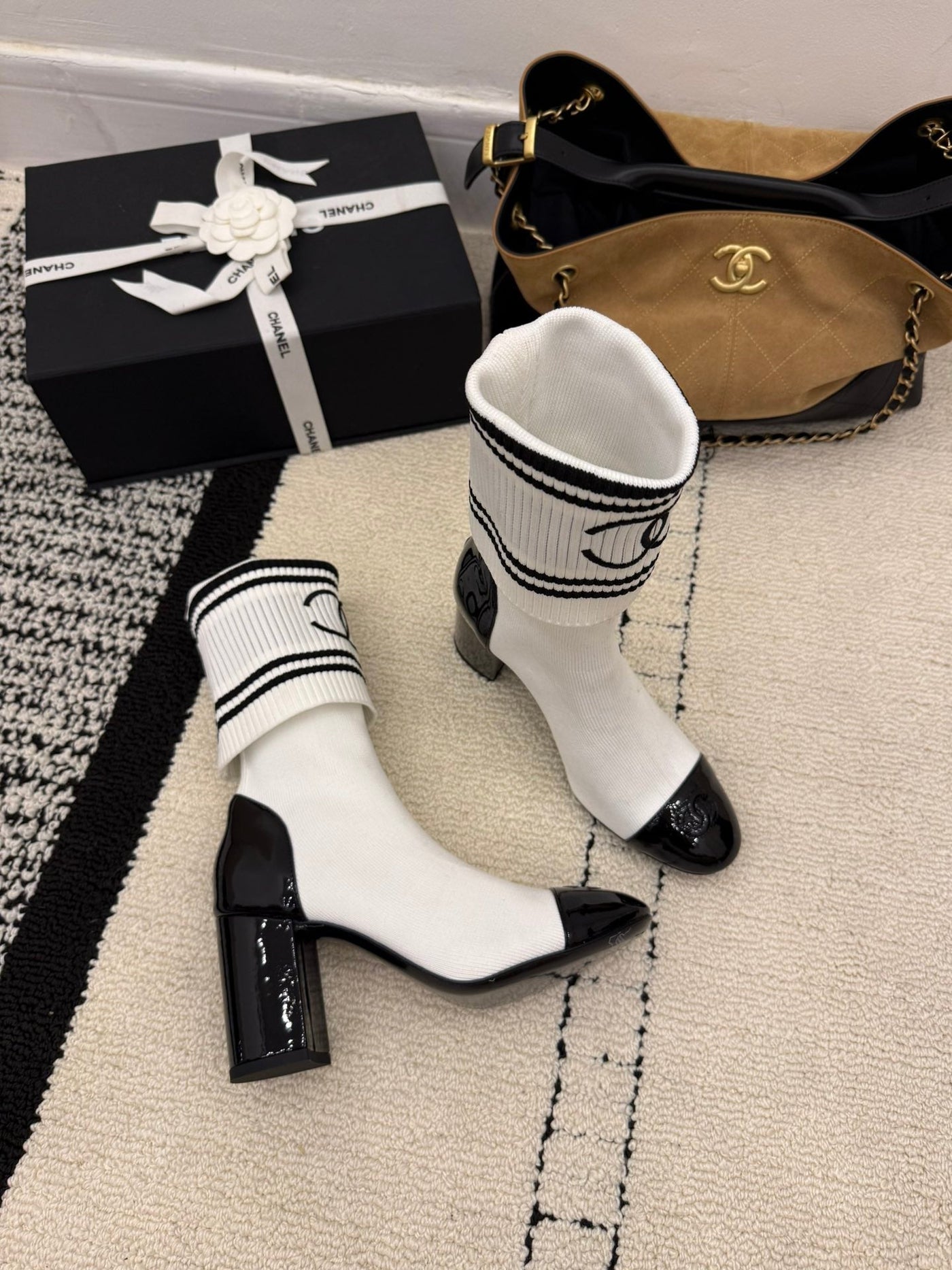 CC Chunky Heel Sock Boot White Leather Knit 548118 - Product Image 6