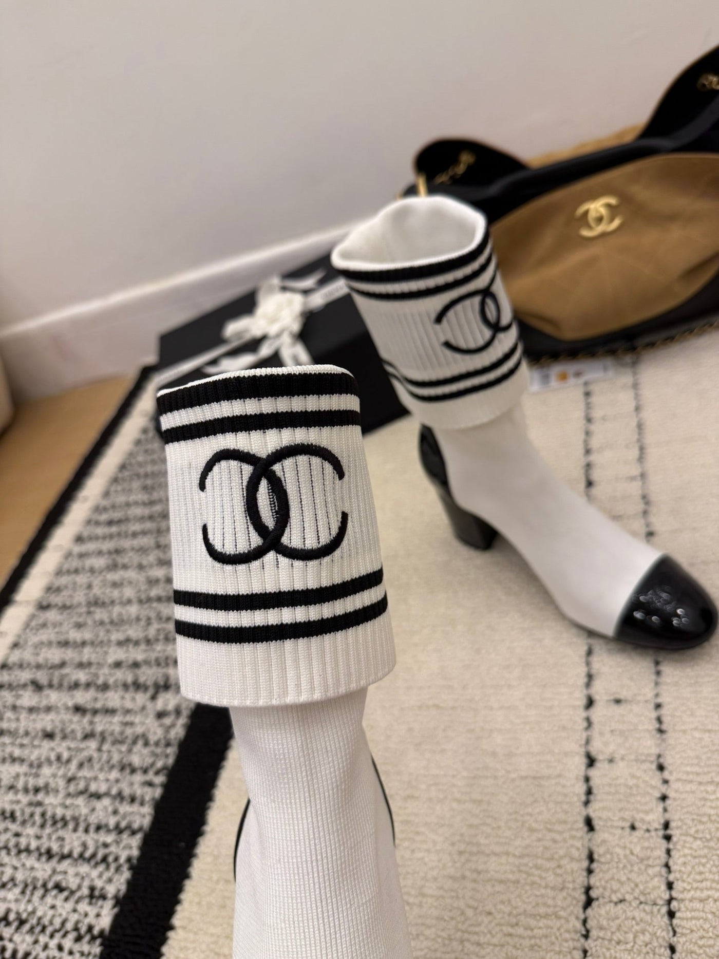 CC Chunky Heel Sock Boot White Leather Knit 548118 - Product Image 7