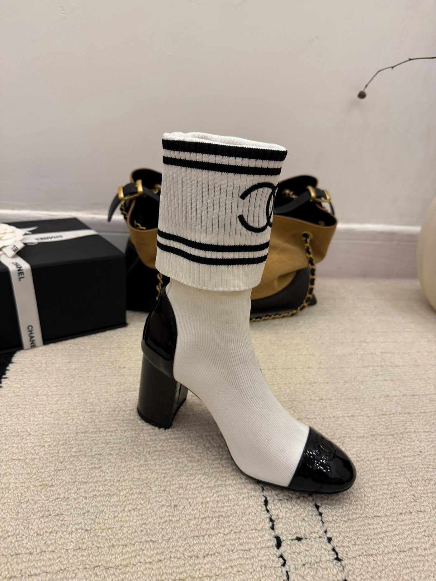 CC Chunky Heel Sock Boot White Leather Knit 548118 - Product Image 8