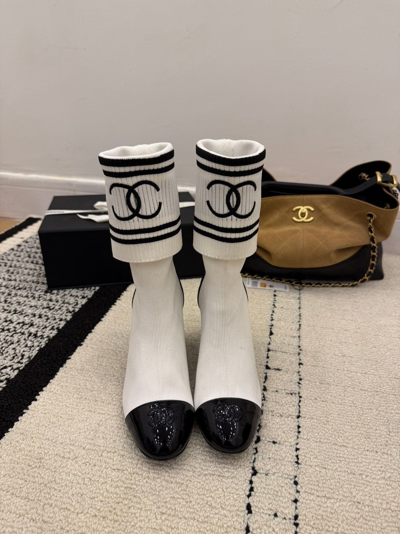CC Chunky Heel Sock Boot White Leather Knit 548118 - Product Image 9