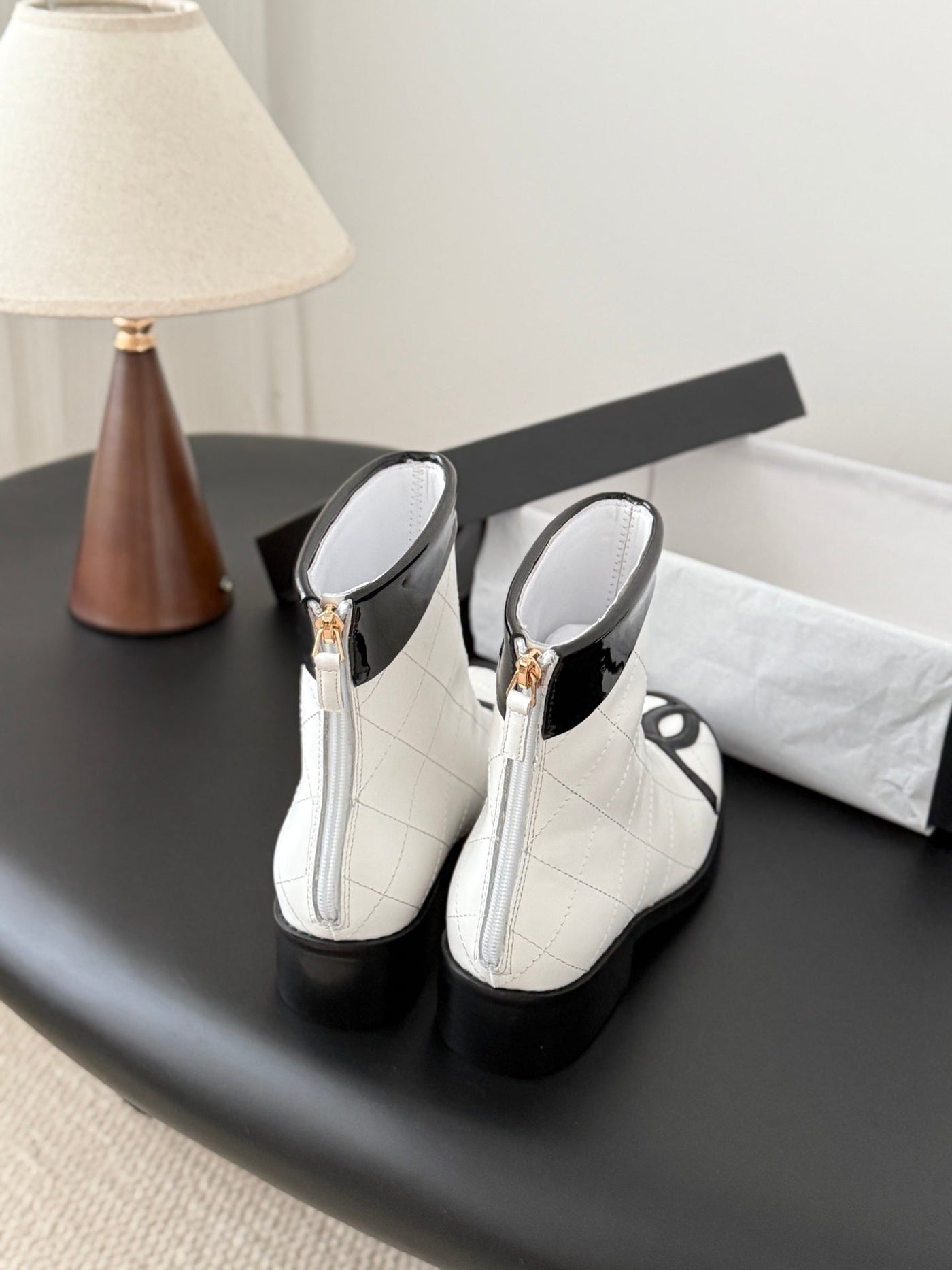 CC Cambon Mid-Calf Short Boots White Black Cowhide 550633 - Product Image 9
