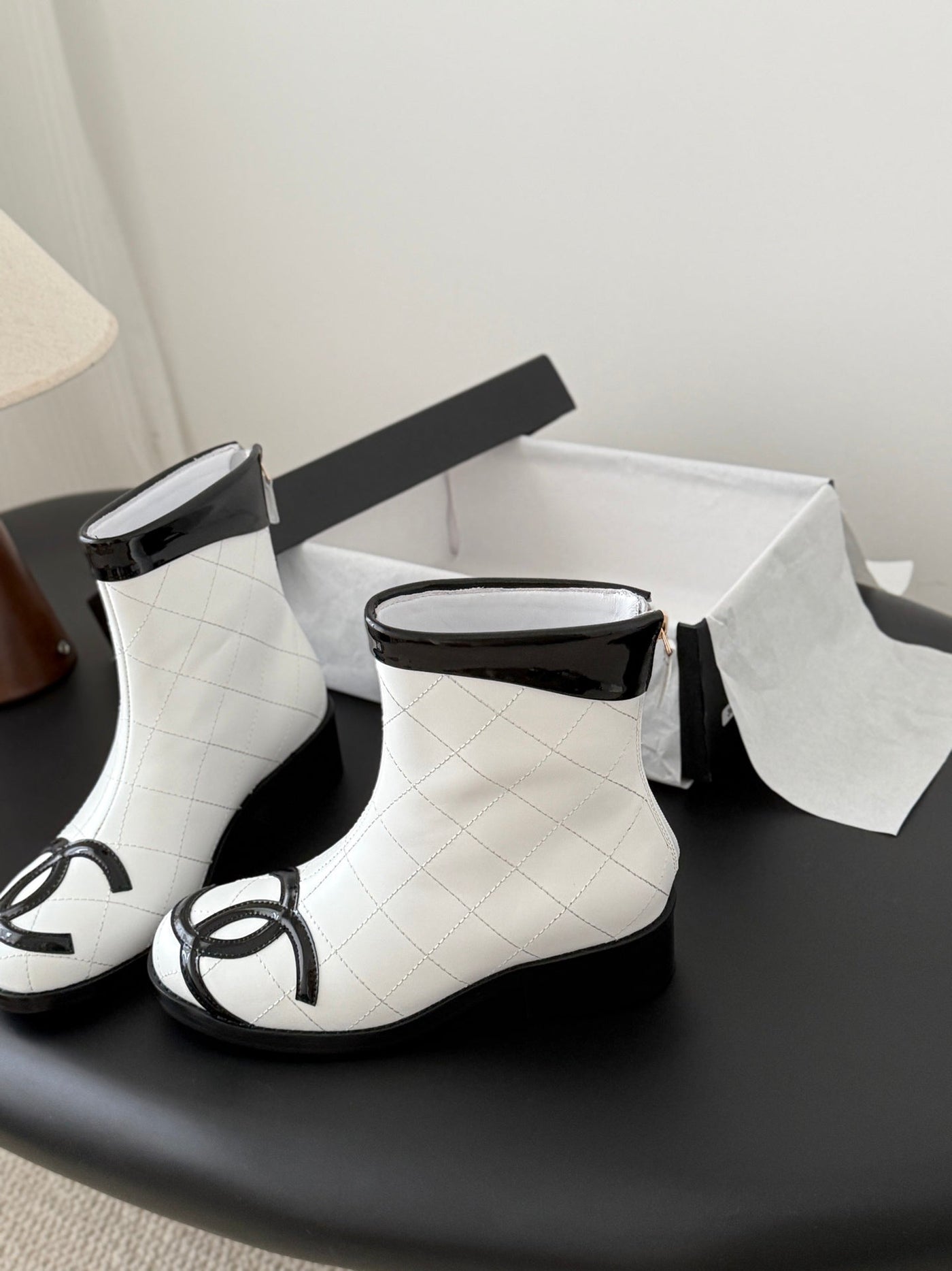 CC Cambon Mid-Calf Short Boots White Black Cowhide 550633 - Product Image 8