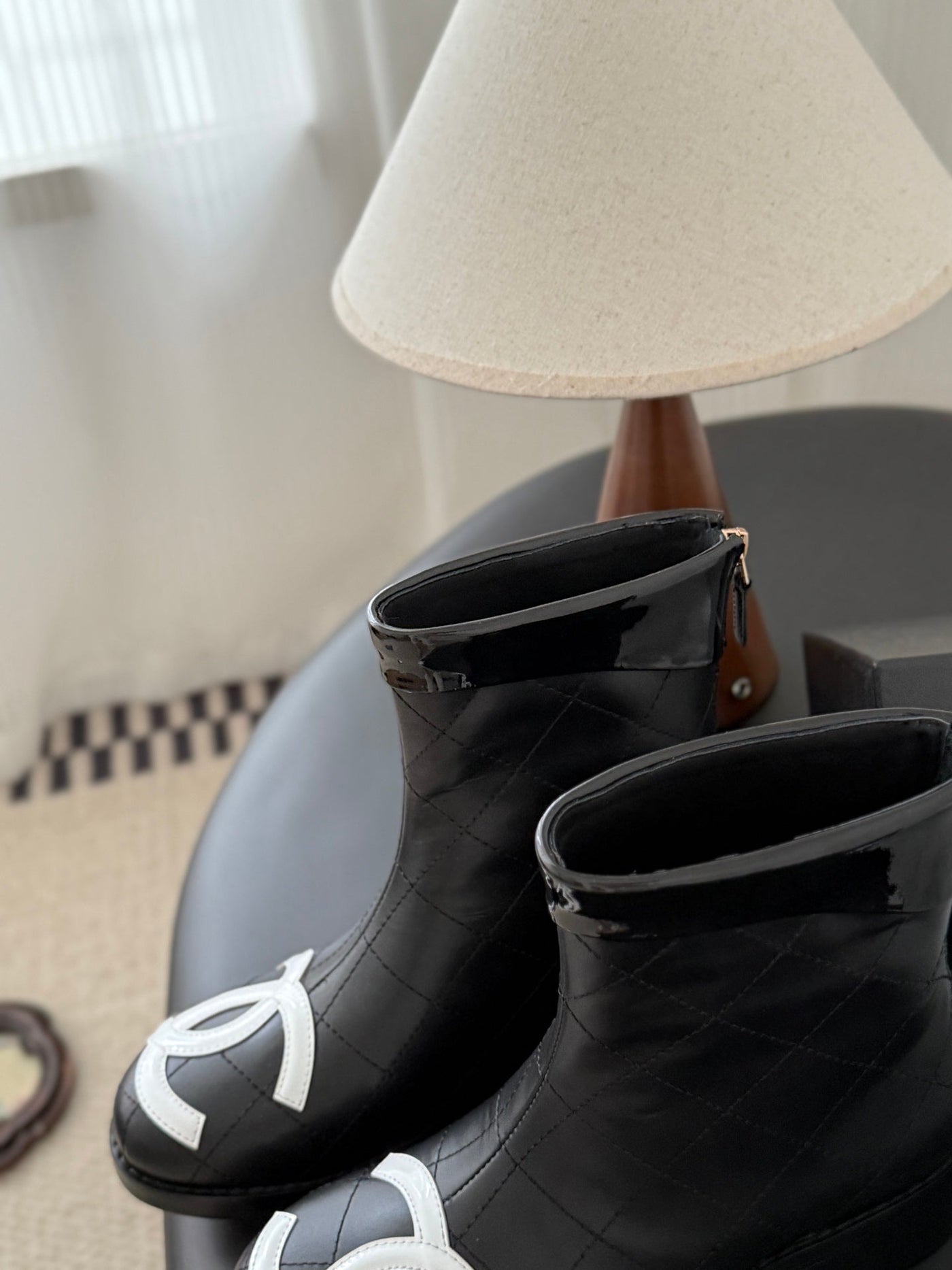 CC Cambon Mid-Calf Short Boots Black White Cowhide 550634 - Product Image 3