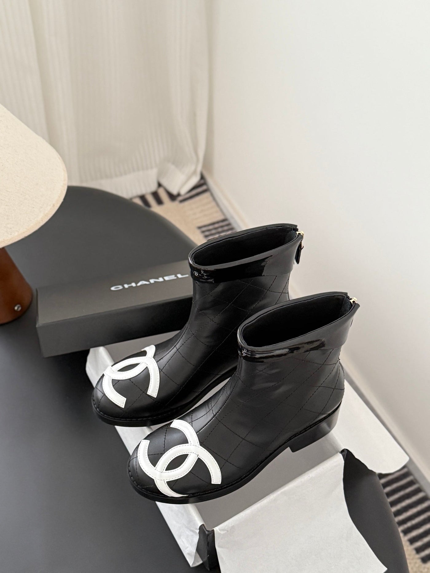 CC Cambon Mid-Calf Short Boots Black White Cowhide 550634 - Product Image 6
